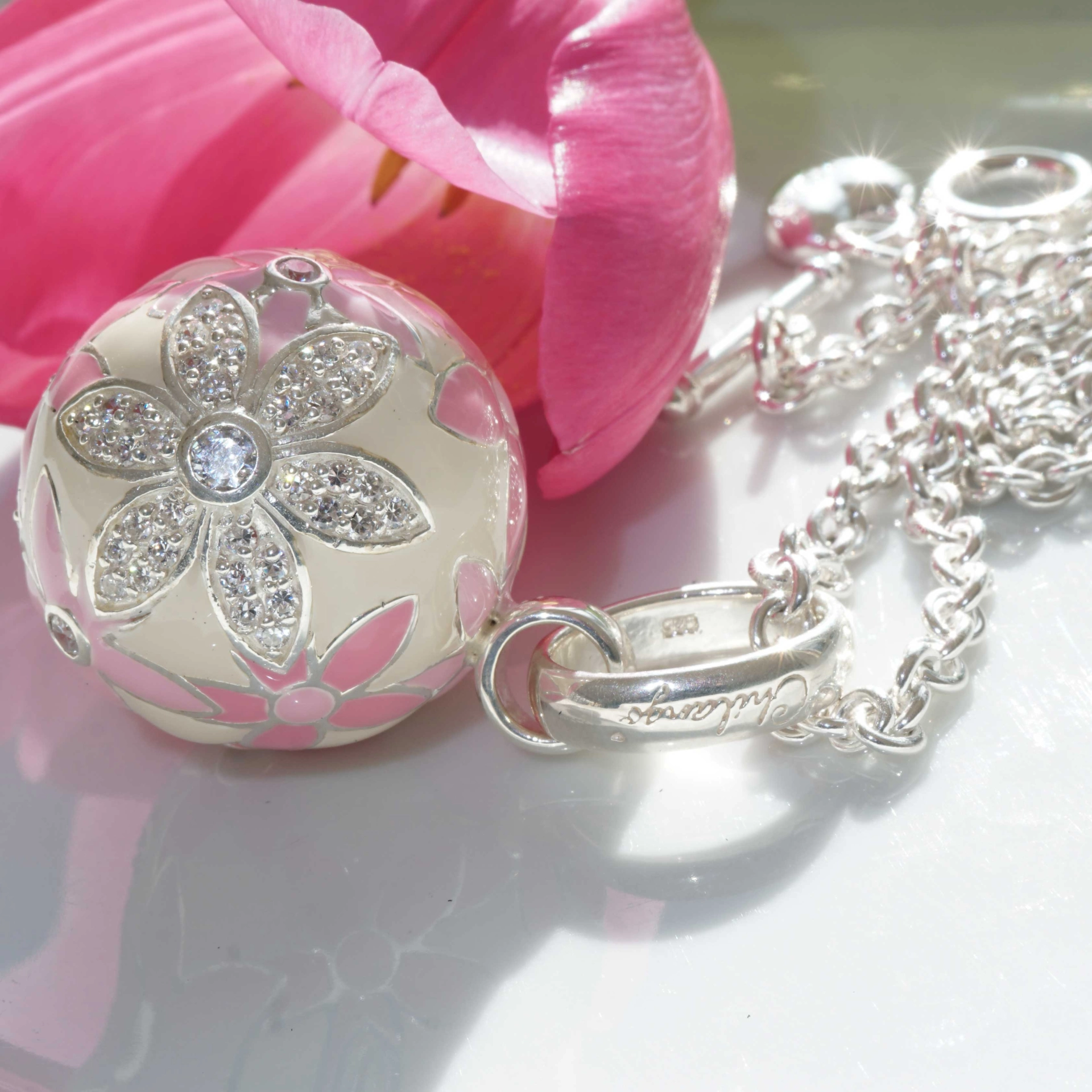 Chilango Pendant Faberge Style  pink Flower with Circonia 925 Silver Enamel