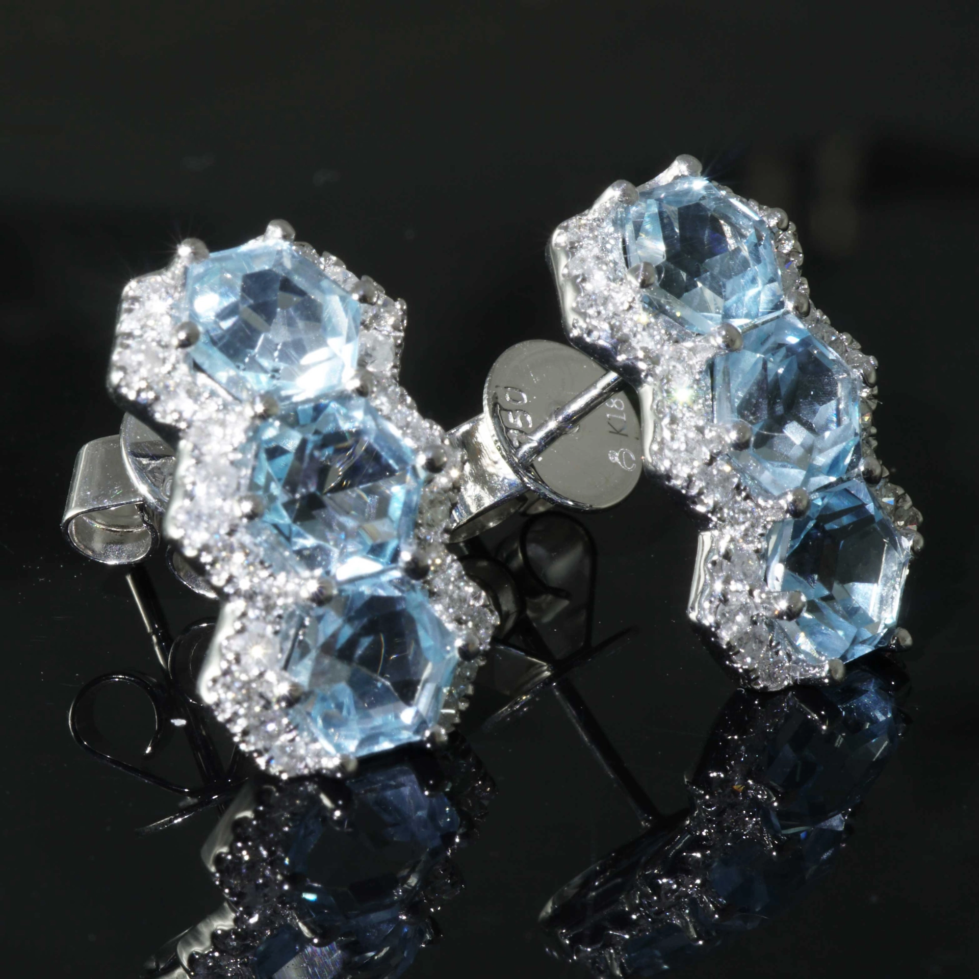 Hexagonal Cut Blue Topaz Earrings 18 kt White Gold with Diamonds