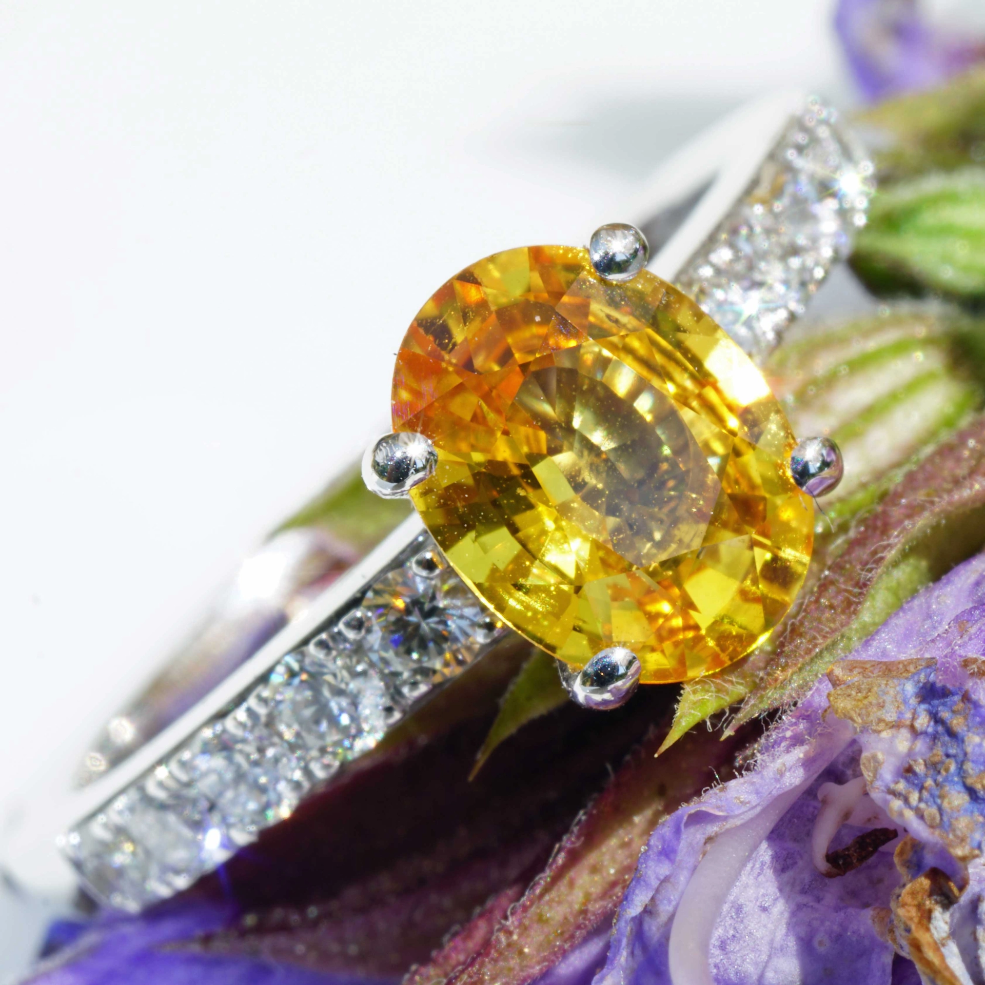 Yellow Saphire Brilliant Ring 18 kt White Gold 1.41 ct AAA+ very fine Jewellery