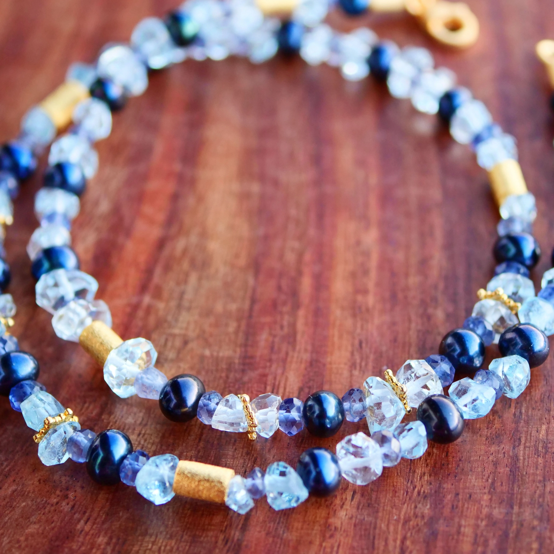 Unikat Kette Silber vergoldet  Aquamarine und Süßwasserperlchen