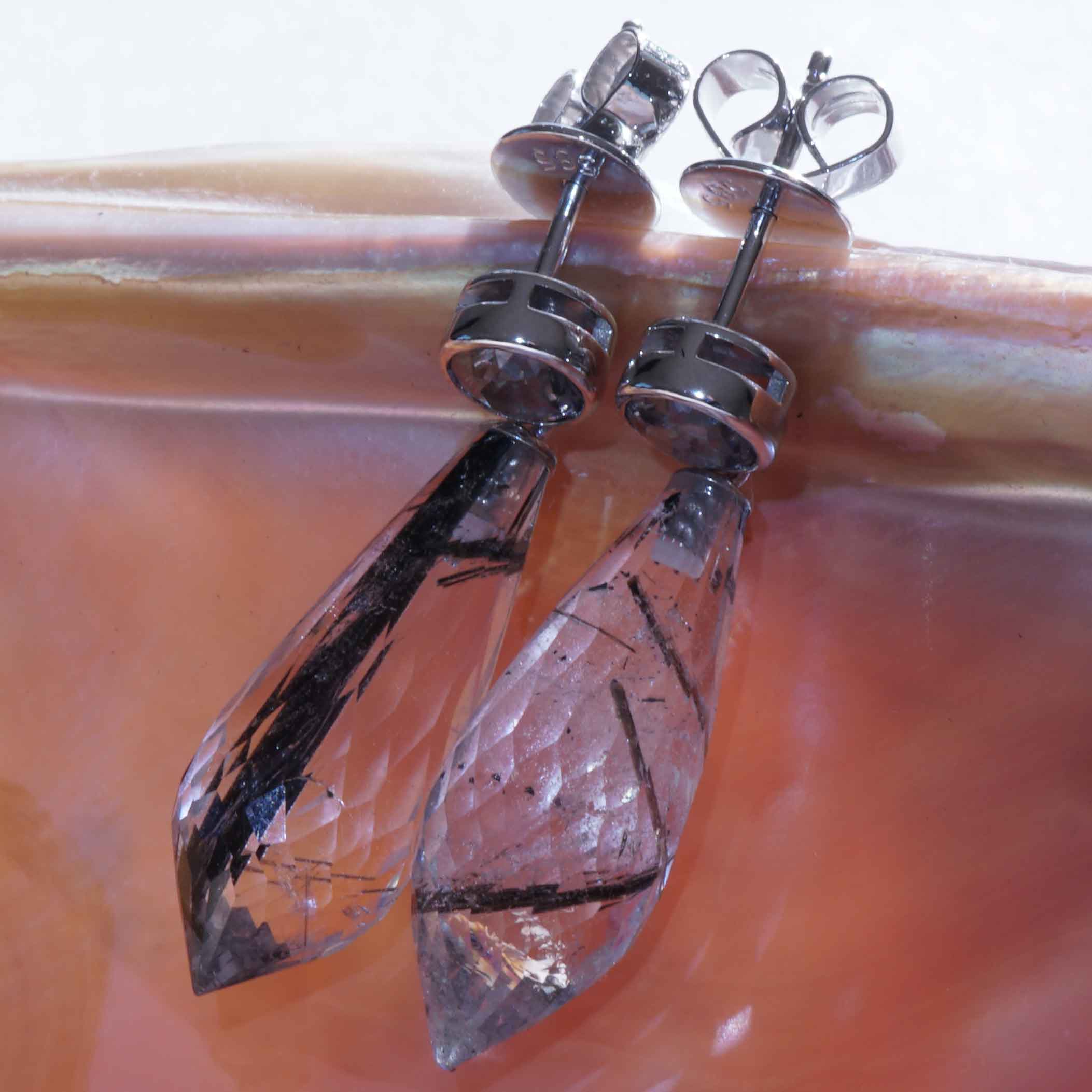 Long Spinel Rutilated Quartz Stud Earrings in Cool Glacier Colors... hot Ice... in 585 White Gold