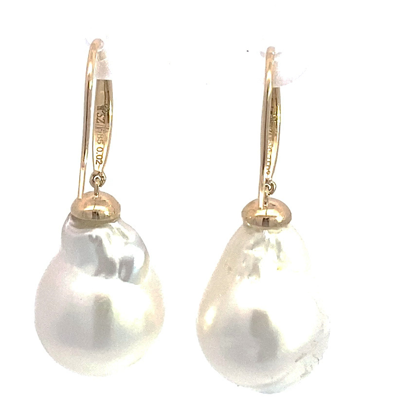 White South Sea Cultured Pearl Diamond Drop Drop Earrings Baroque 20 x 13.5 mm 585 Yellow Gold