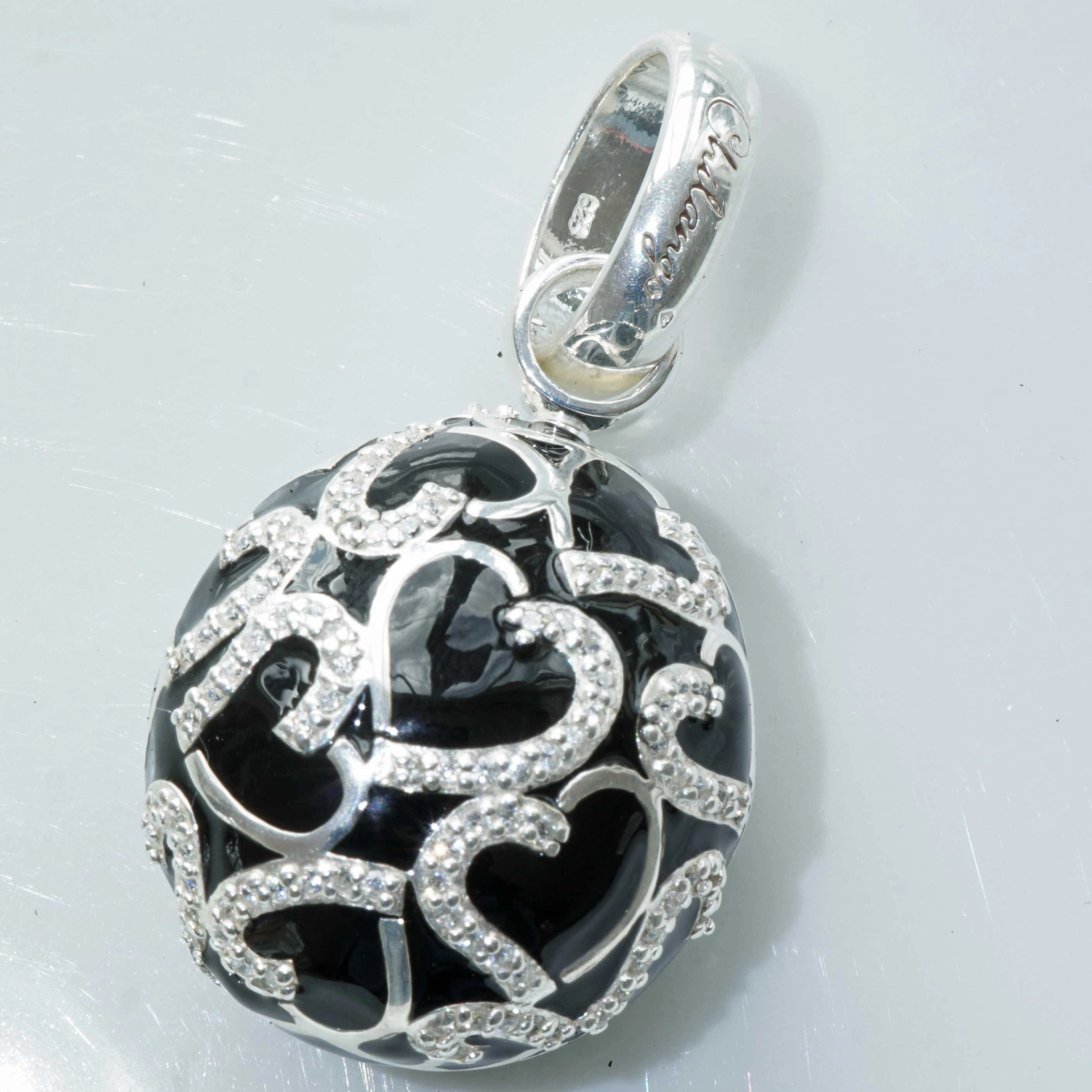 Chilango Pendant Faberge Style Heart Black 925 Silver Enamel
