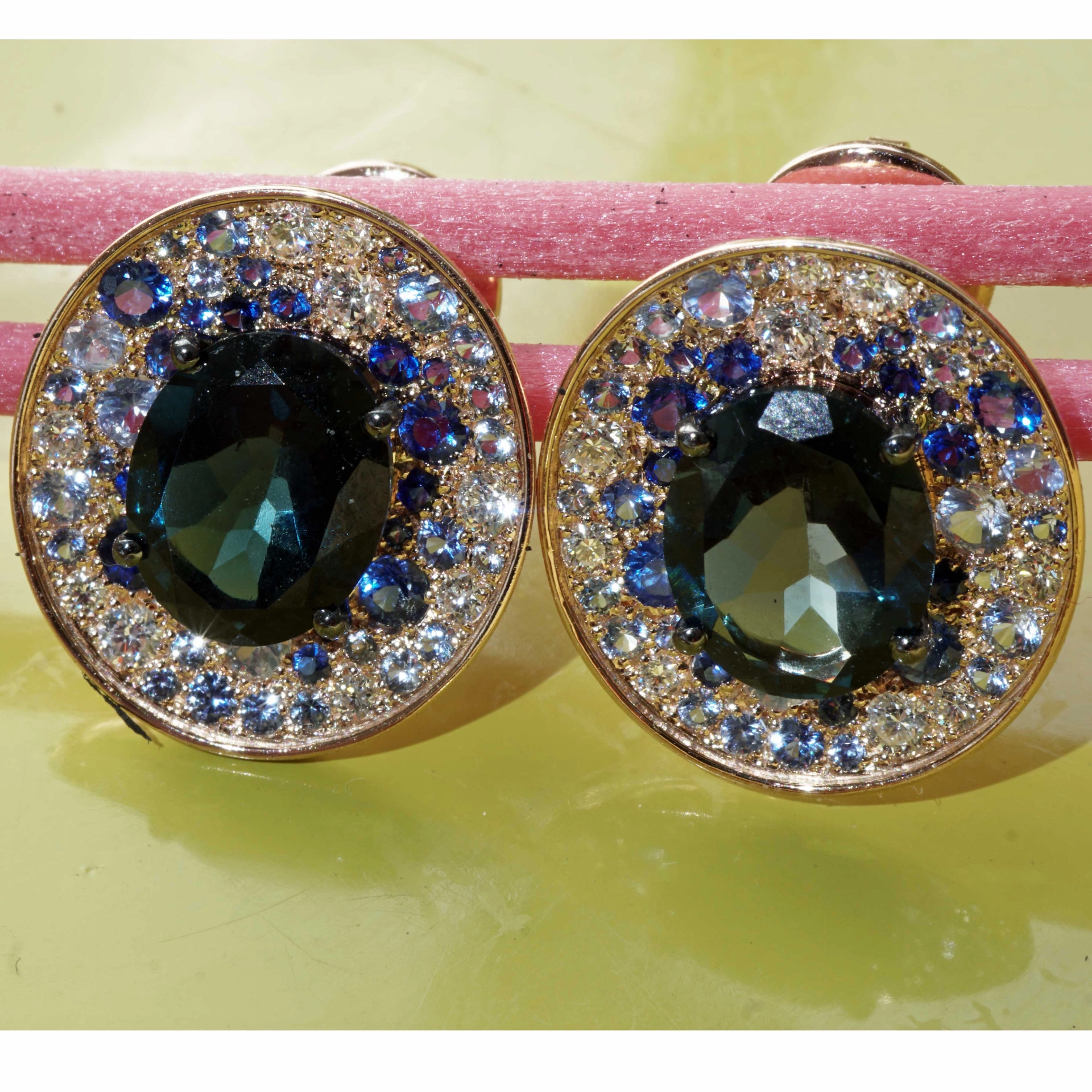 Power of Magic..Rosegold Earstuds in Mystic Blue Colors with Saphire and Diamonds