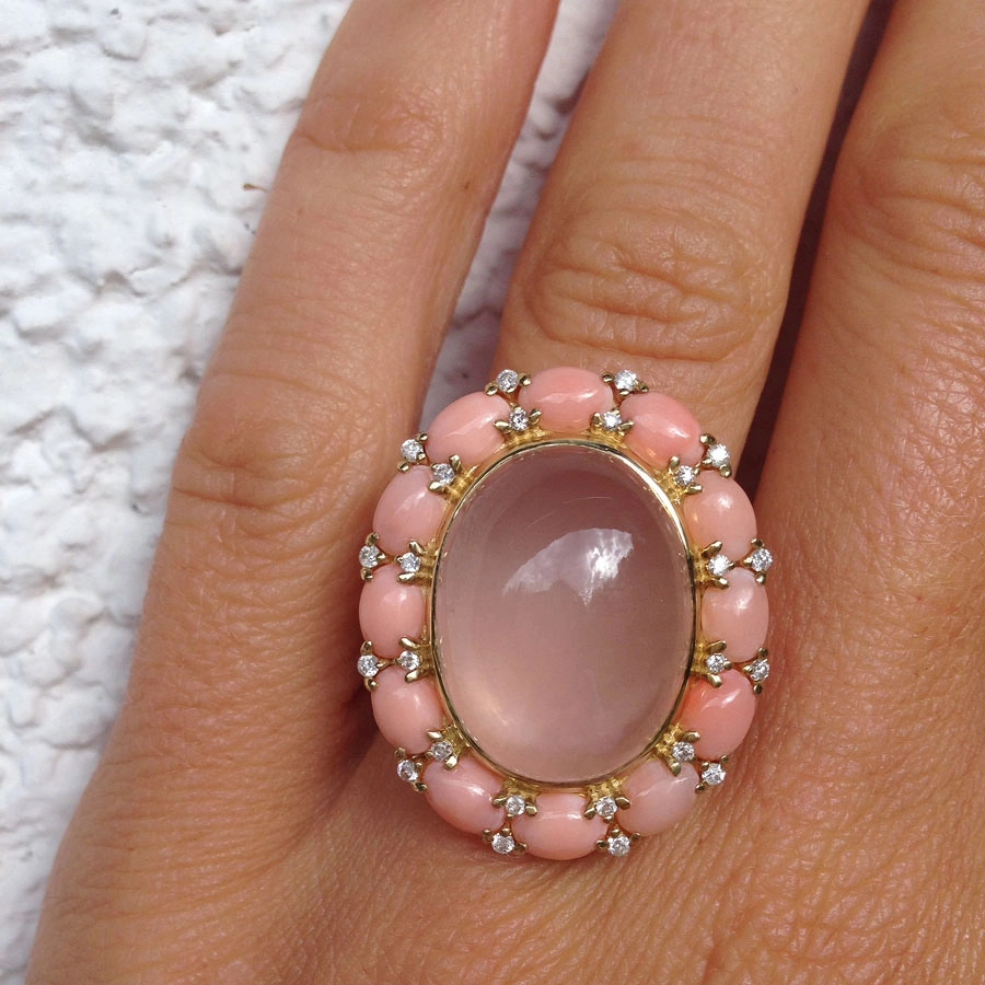 Korall-Rosenquarz-Brillant-Ring, 750er-Gold, 18 kt