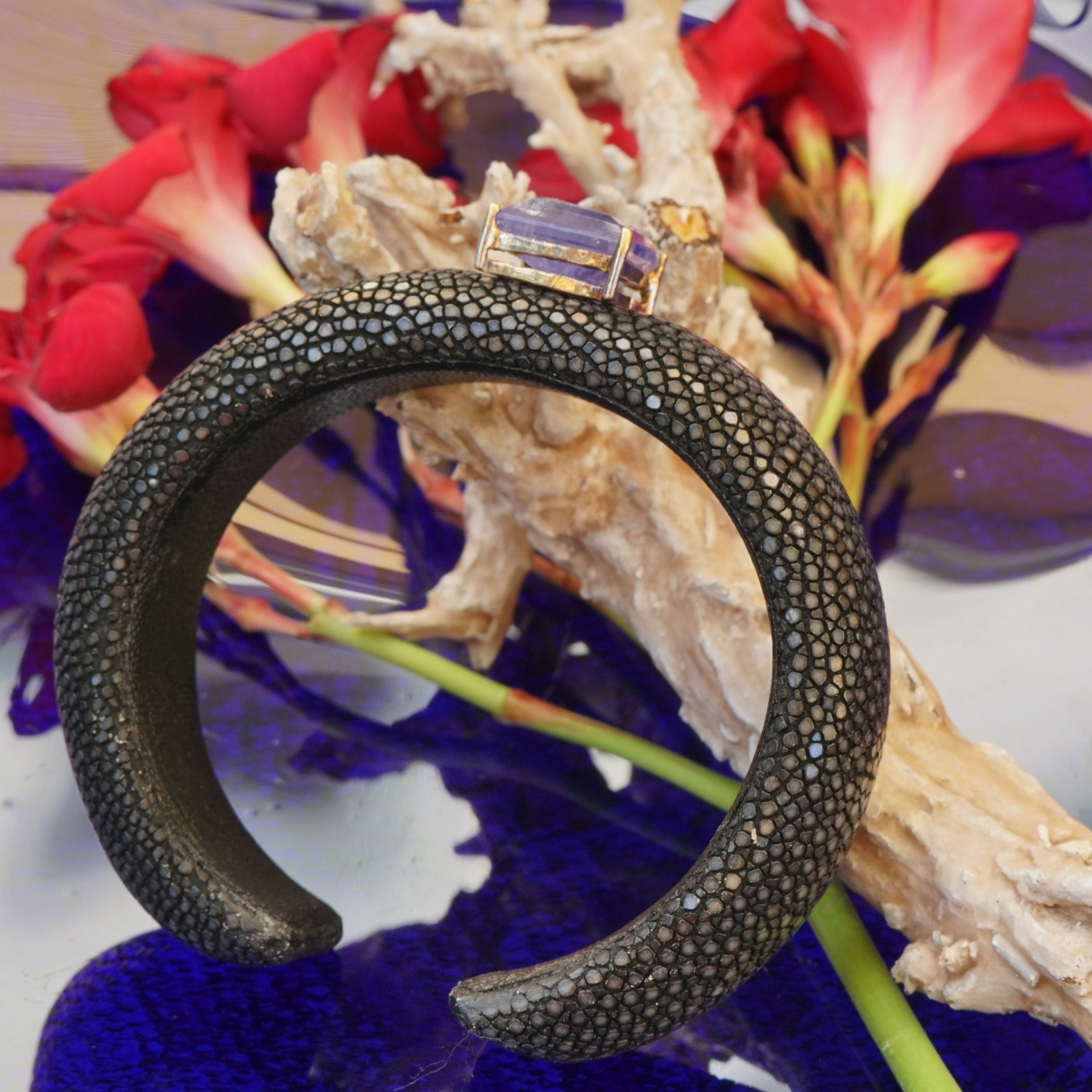 Tanzanite Bracelet 925 Silver/Gold Stingray Leather