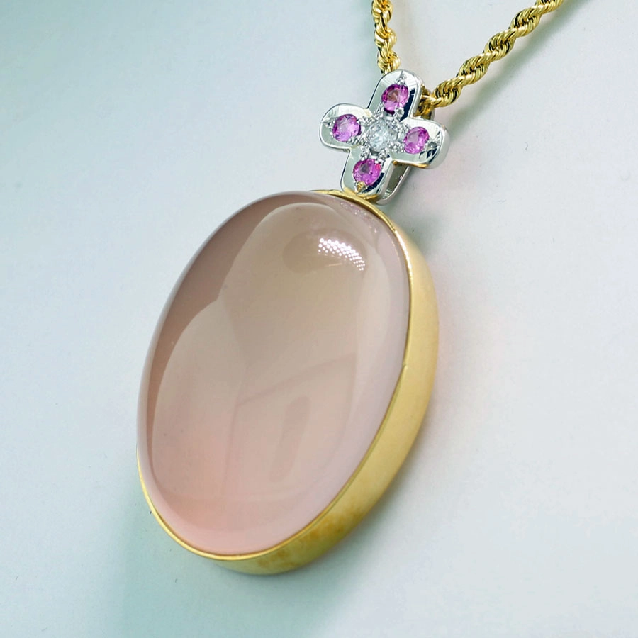 Rose Quartz Sapphire Diamond Pendant in 750 Yellow Gold ...... very high Quality