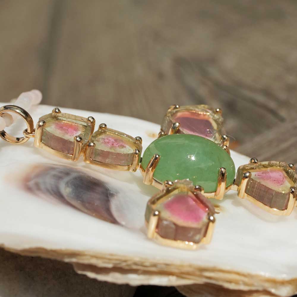 Pendant Cross Watermelons Tourmaline Jade 585 Yellow Gold 10.20 ct 15.29 ct with Short Report