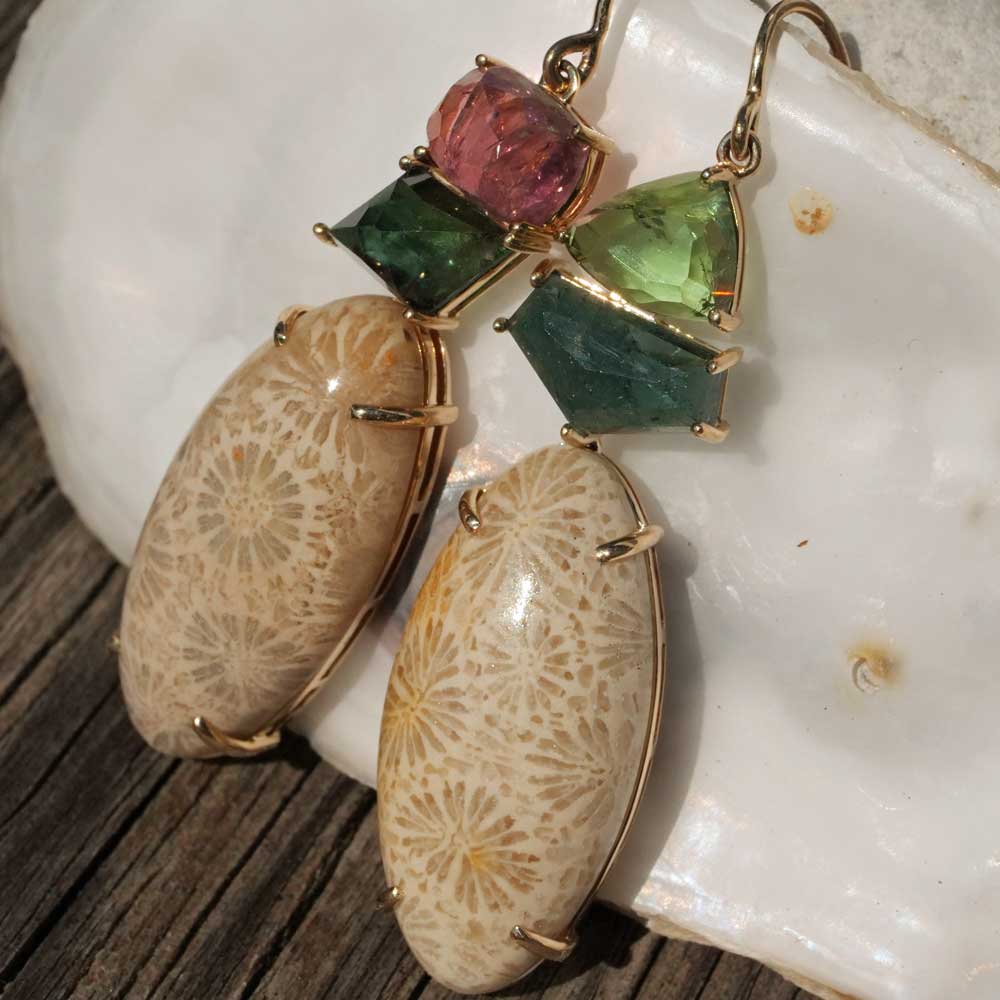 Tourmaline earrings, 585 yellow gold, 9.22 ct, with petrified coral from Bali from another period