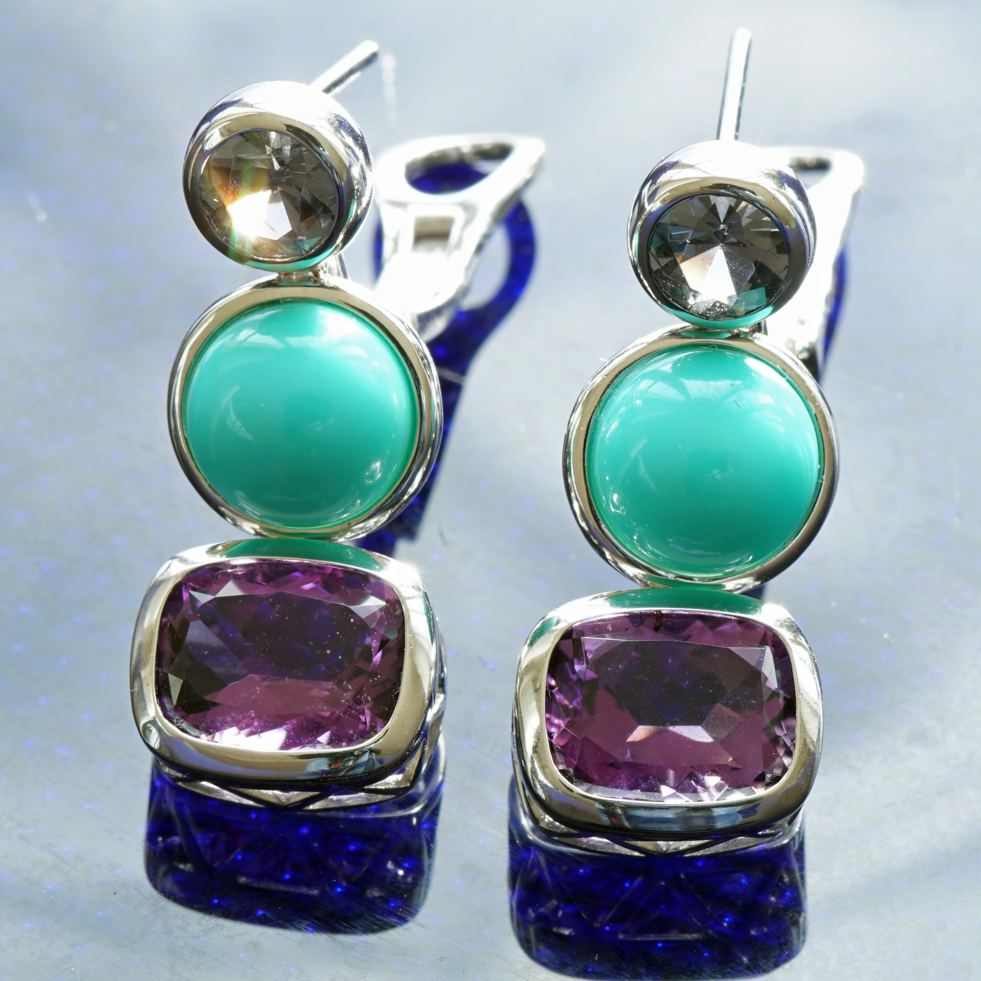 Spinell Türkis Amethyst Ohrstecker Clip 750er Weissgold 10.90 ct great colors