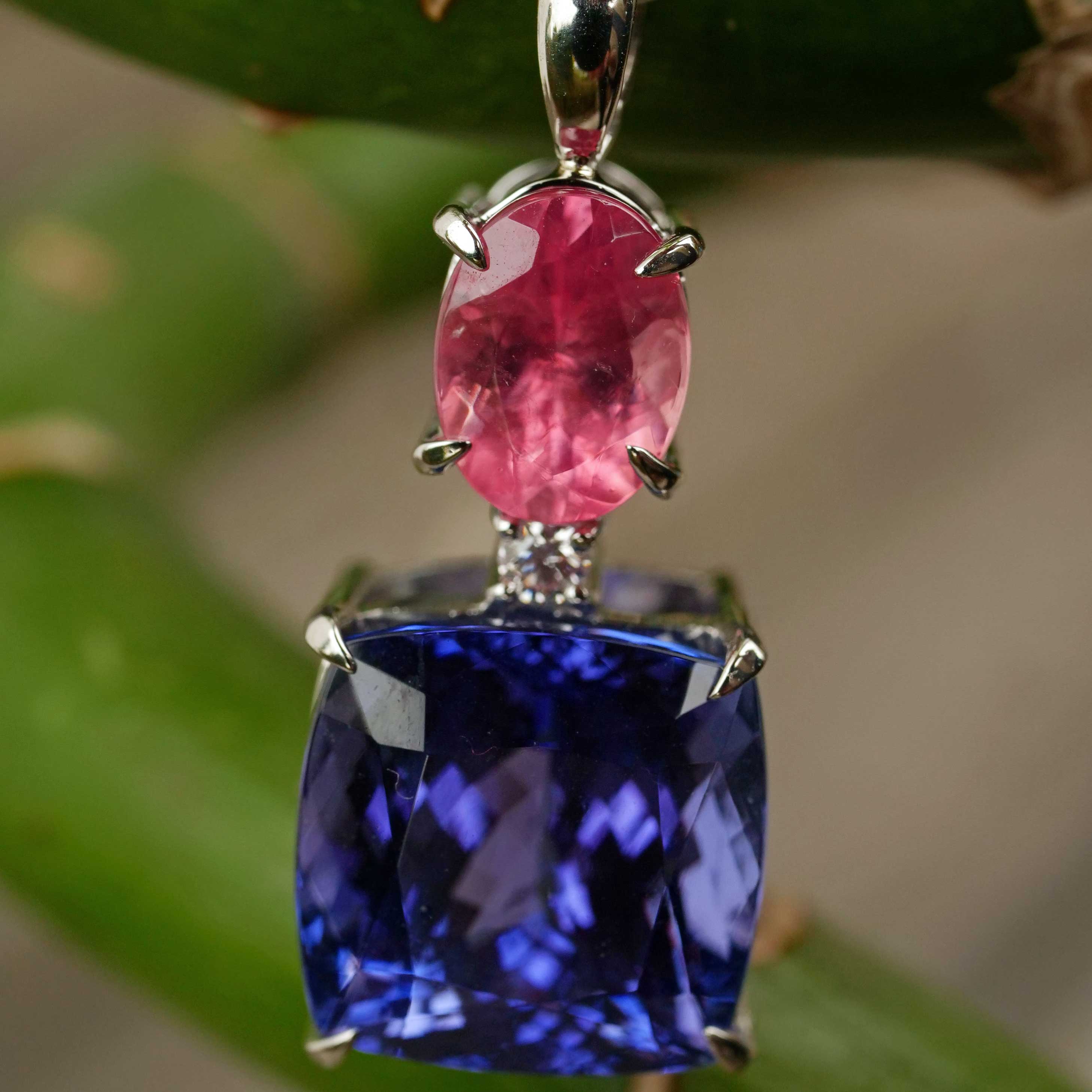 COLORWONDER Tanzanite Rhodochrosite Pendant w. Chain 10.6 and 1.84 ct AAA+ 900 Platinum