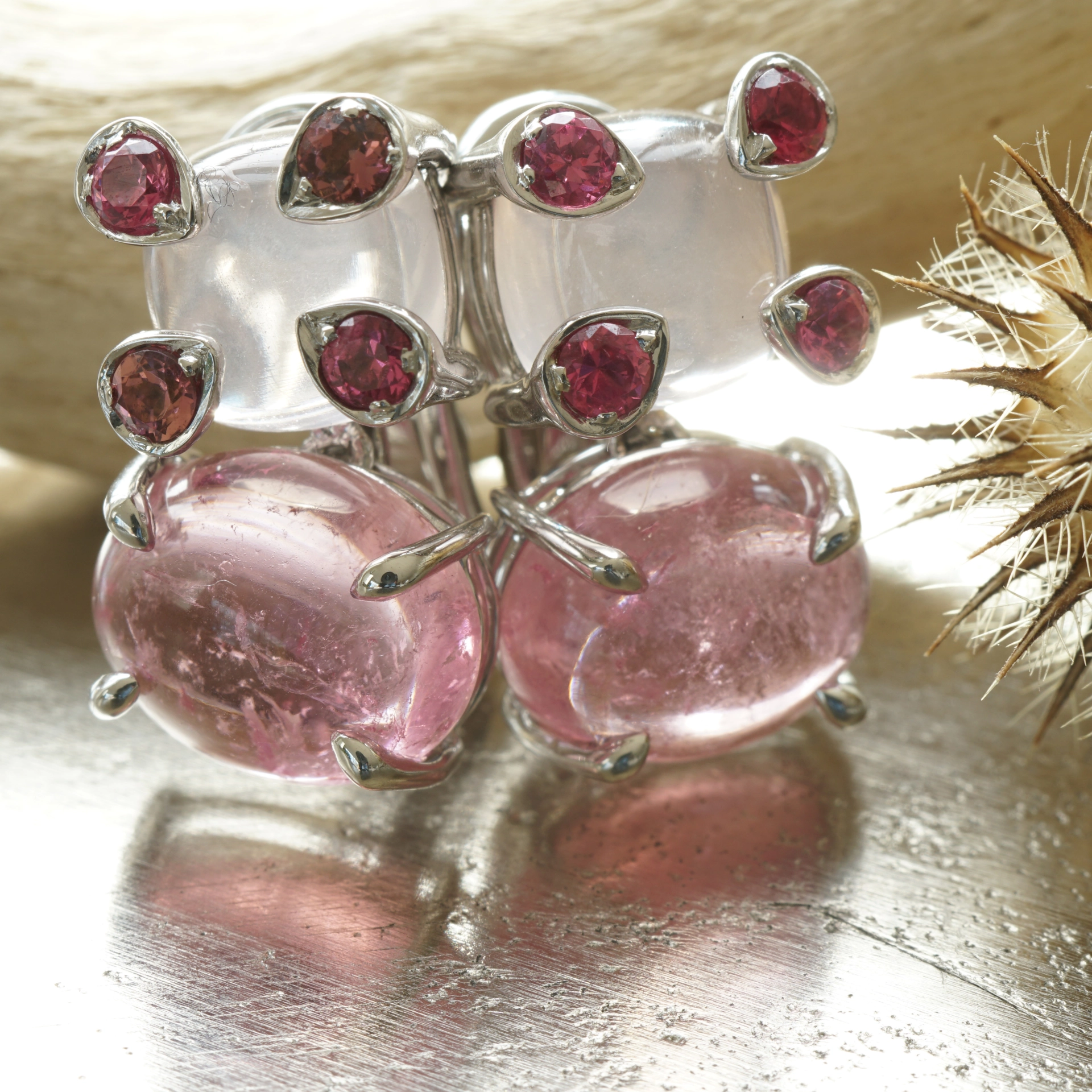 Spinel Tourmalin Rosequartz Earrings 18 kt Whitegold...rare electric pink Color