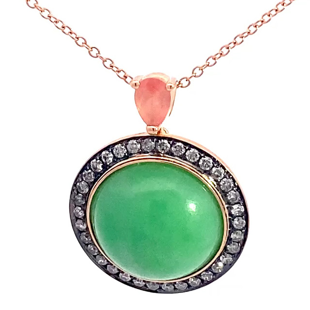 Jade Rhodochrosite Brilliant Pendant with Chain 750 Rose Gold Genuine Natural Jade with Certificate