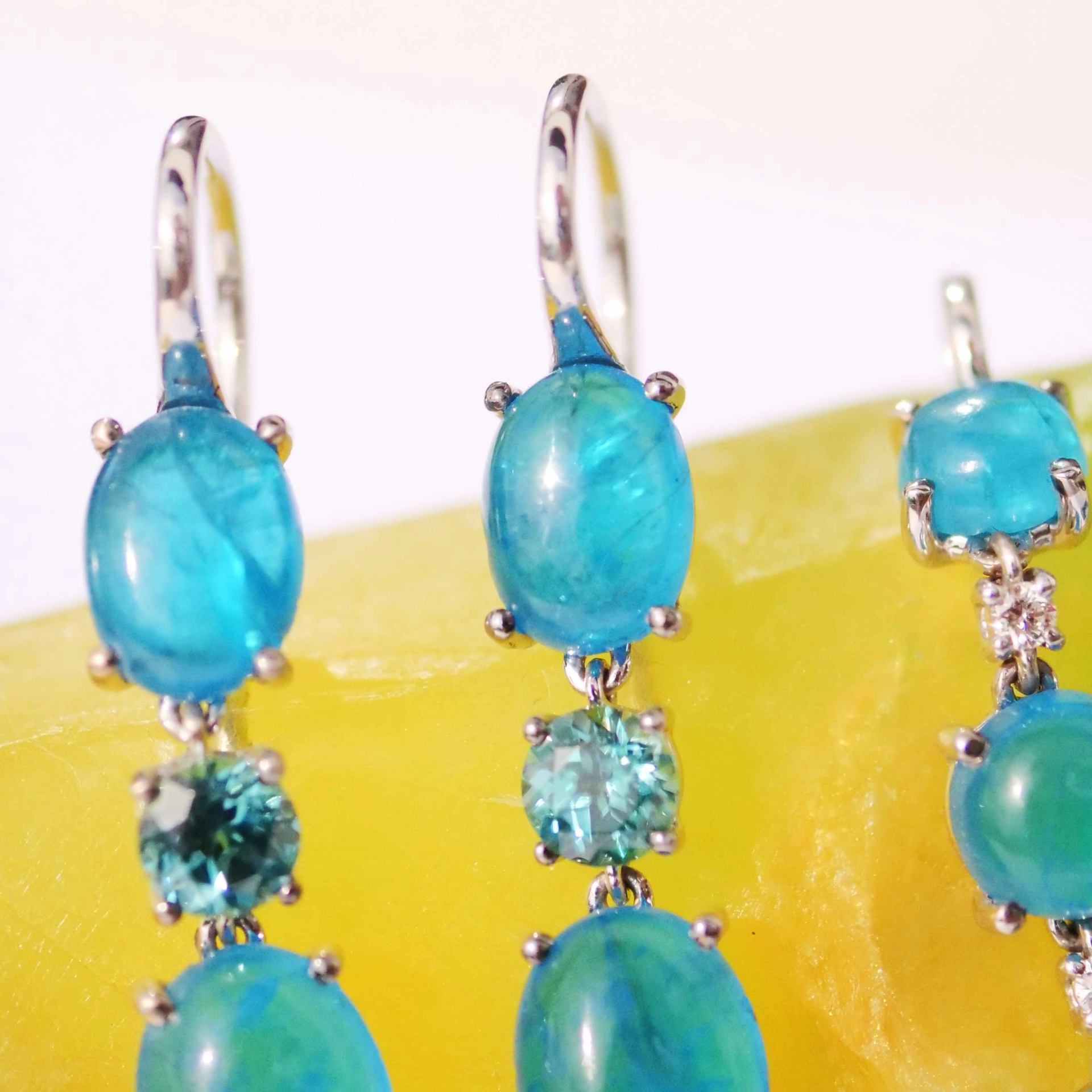 Earrings NEON Colors Apatite and blue Zircon 18 kt White Gold....great Setting made in Italy