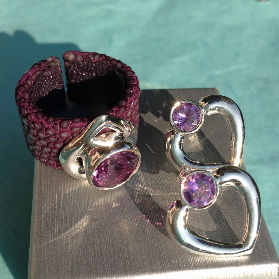 Amethyst Rochenleder Armreif 925erSilber rosegold plated 20 mm breit