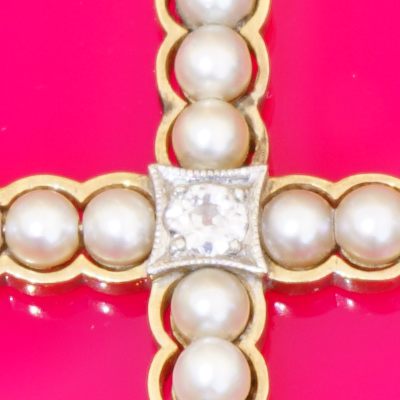 Antique Jewellery Cross Pearl Brilliant Pendant with Chain 585 White Gold Yellow Gold around 1900