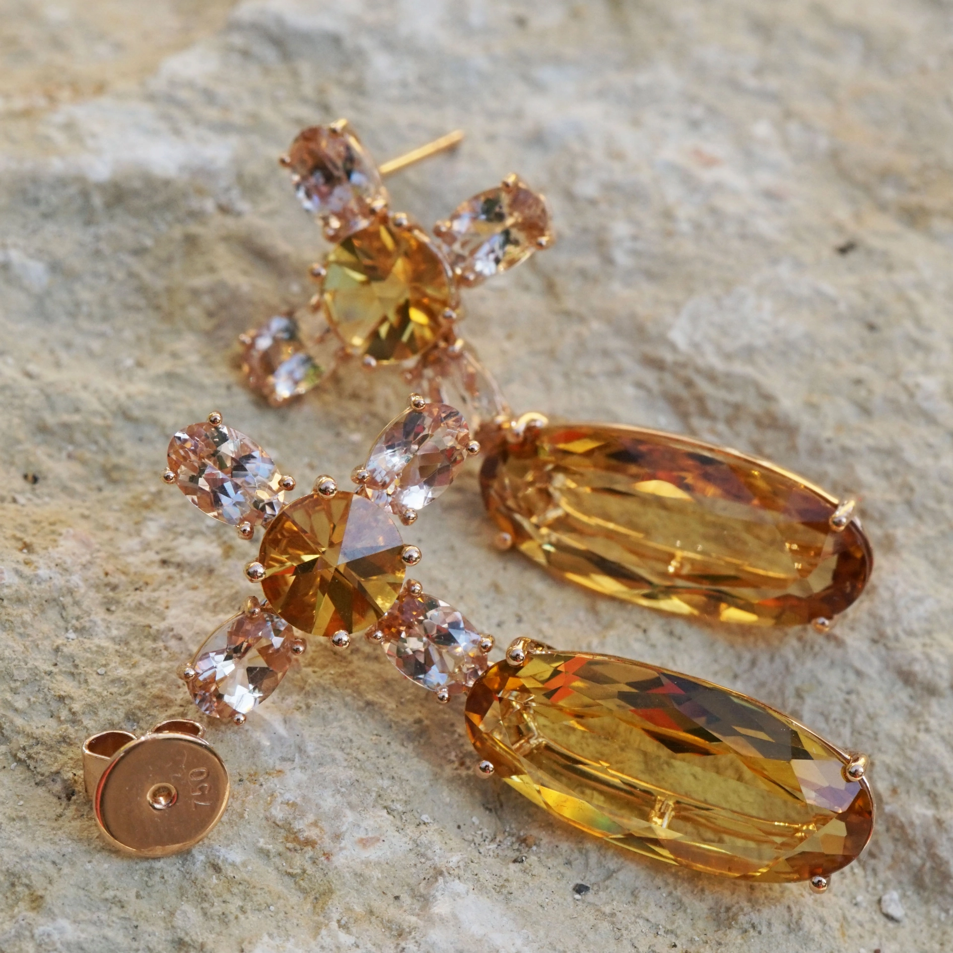 Morganite Beryll Earrings 18 kt Rosegold 40 x 20 mm 13 ct.....Unique