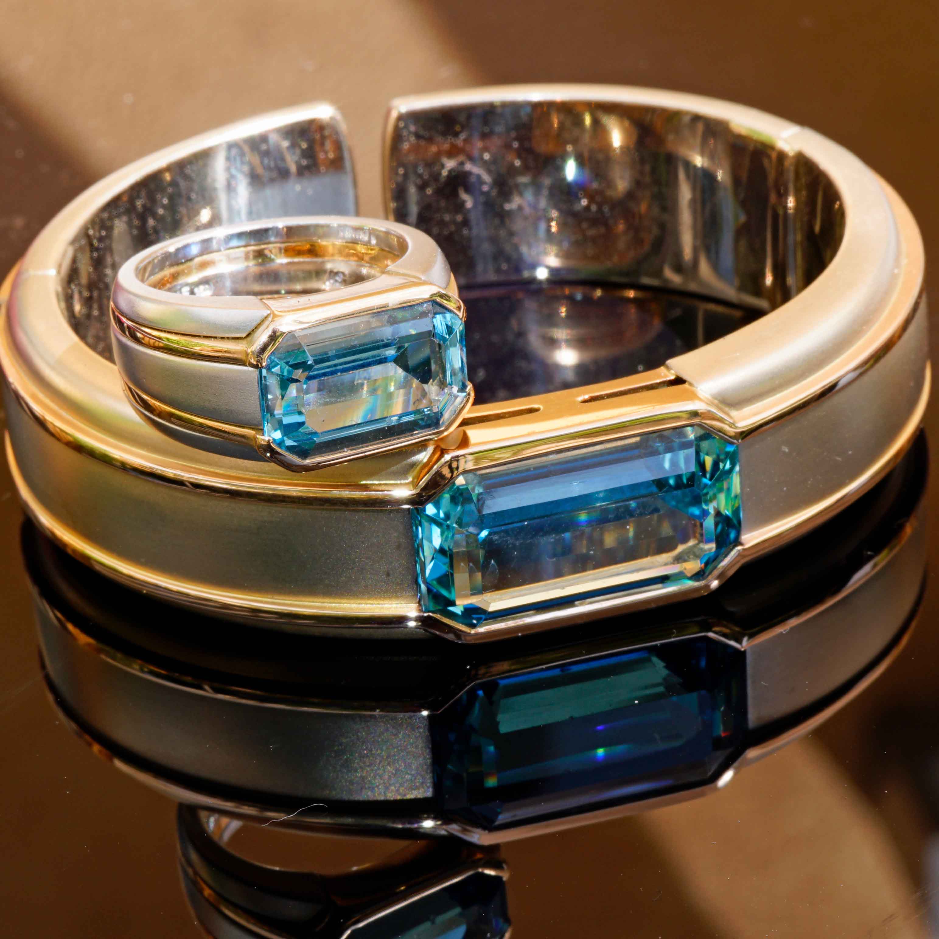Hemmerle Munich Aquamarin Bracelet and Ring 750er Gold Platinum 16 and 5  ct Santa Maria