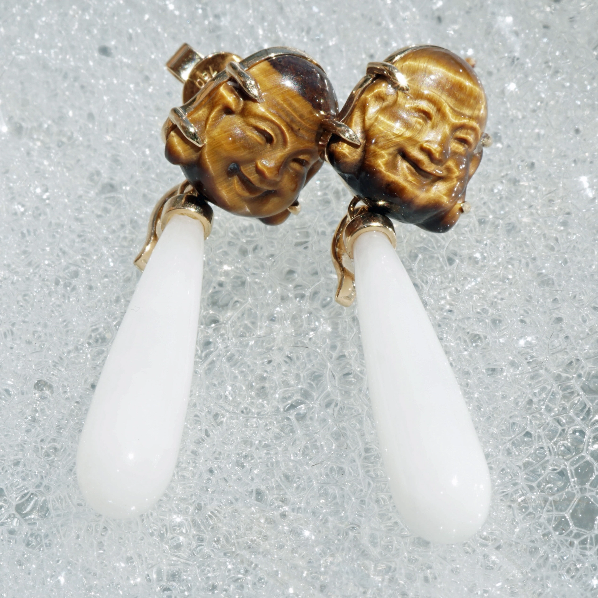 Cacholong Tiger Eye Buddha Head Earrings 18 kt Yellow Gold...makes happy