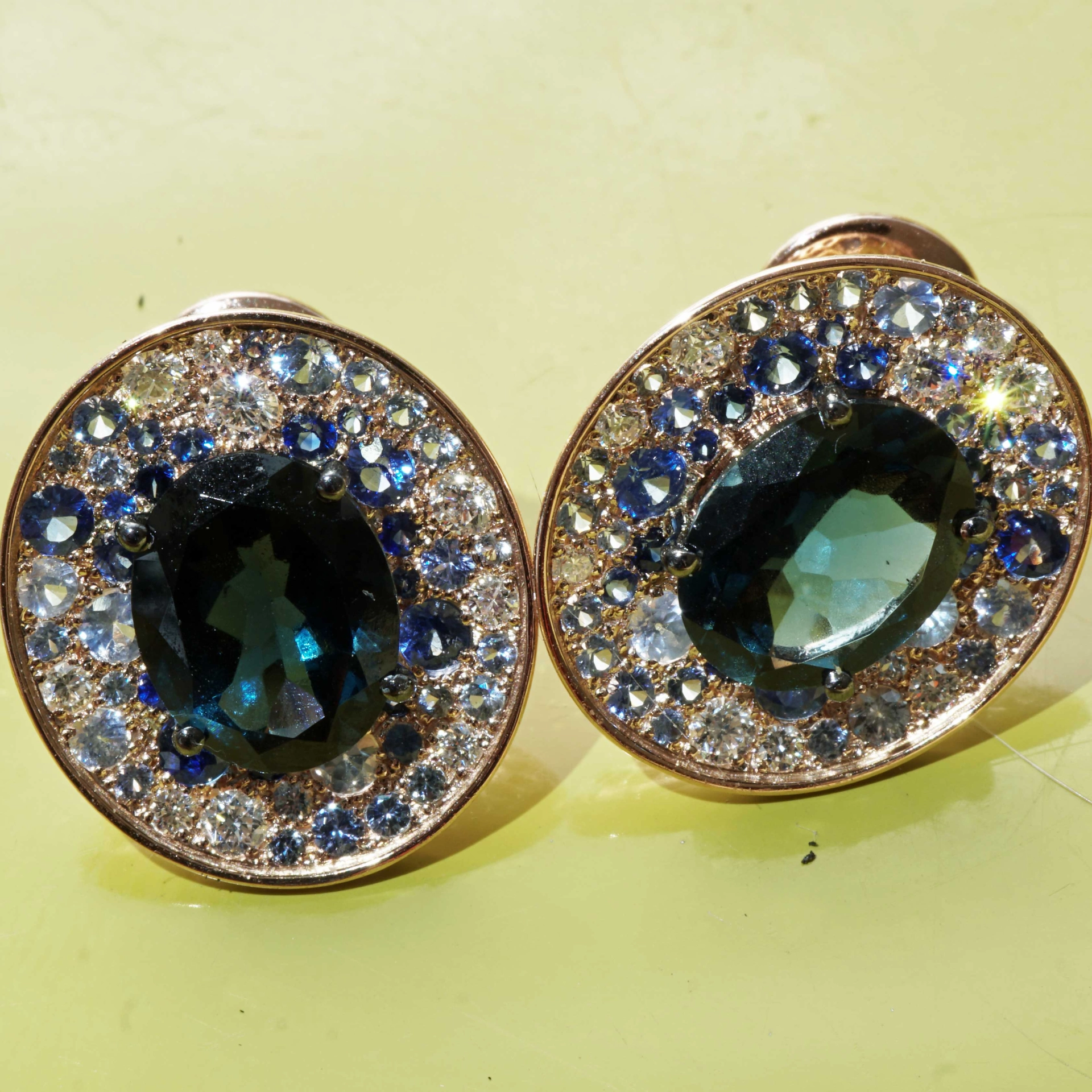 Power of Magic..Rosegold Earstuds in Mystic Blue Colors with Saphire and Diamonds