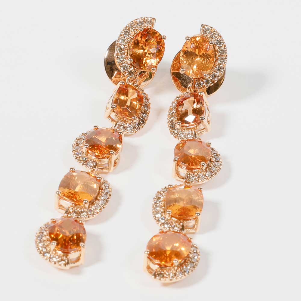 Rare Mandarin Garnet Brilliant Chandelier Dangle Earrings 750 Rose Gold 14.85 ct 0.76 ct Exceptional Color Orange