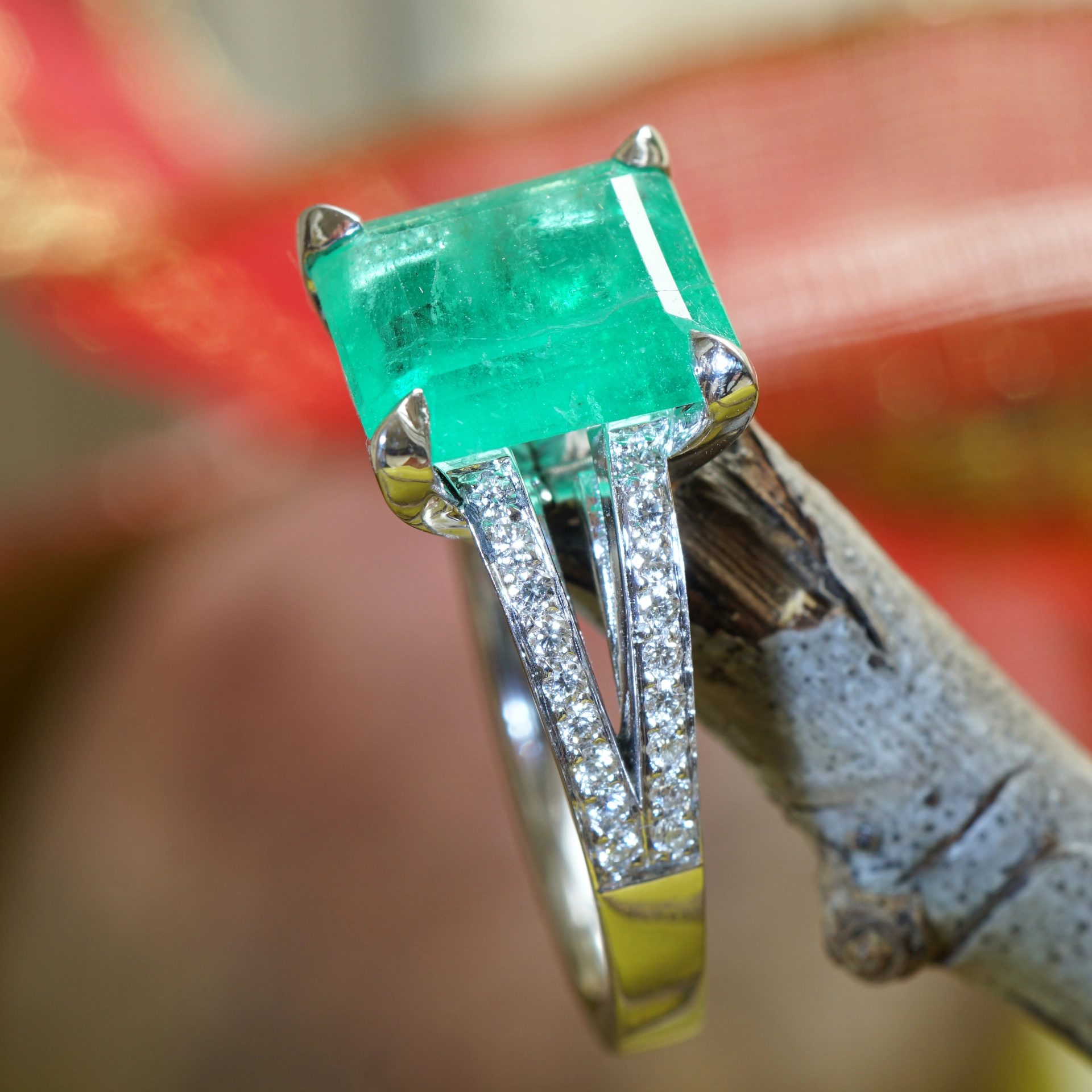 Smaragd Brillant Ring 750er Weissgold 7.82 ct 0.21 ct designed in Valenza