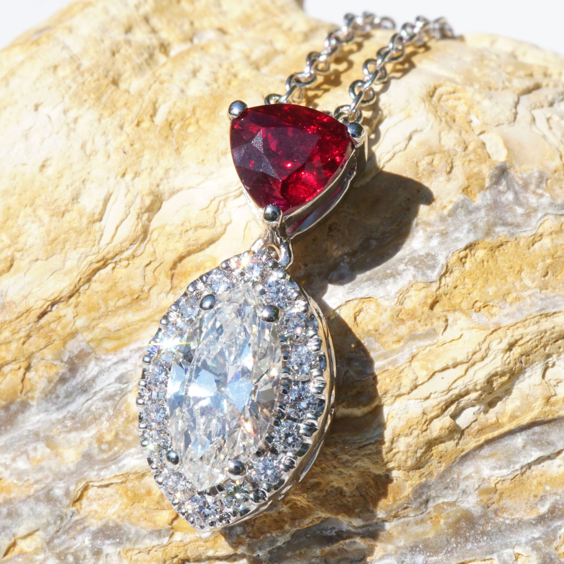 Ruby diamond pendant with chain RED RARE from Mosambique, 0.64 ct, pigeonblood, unique