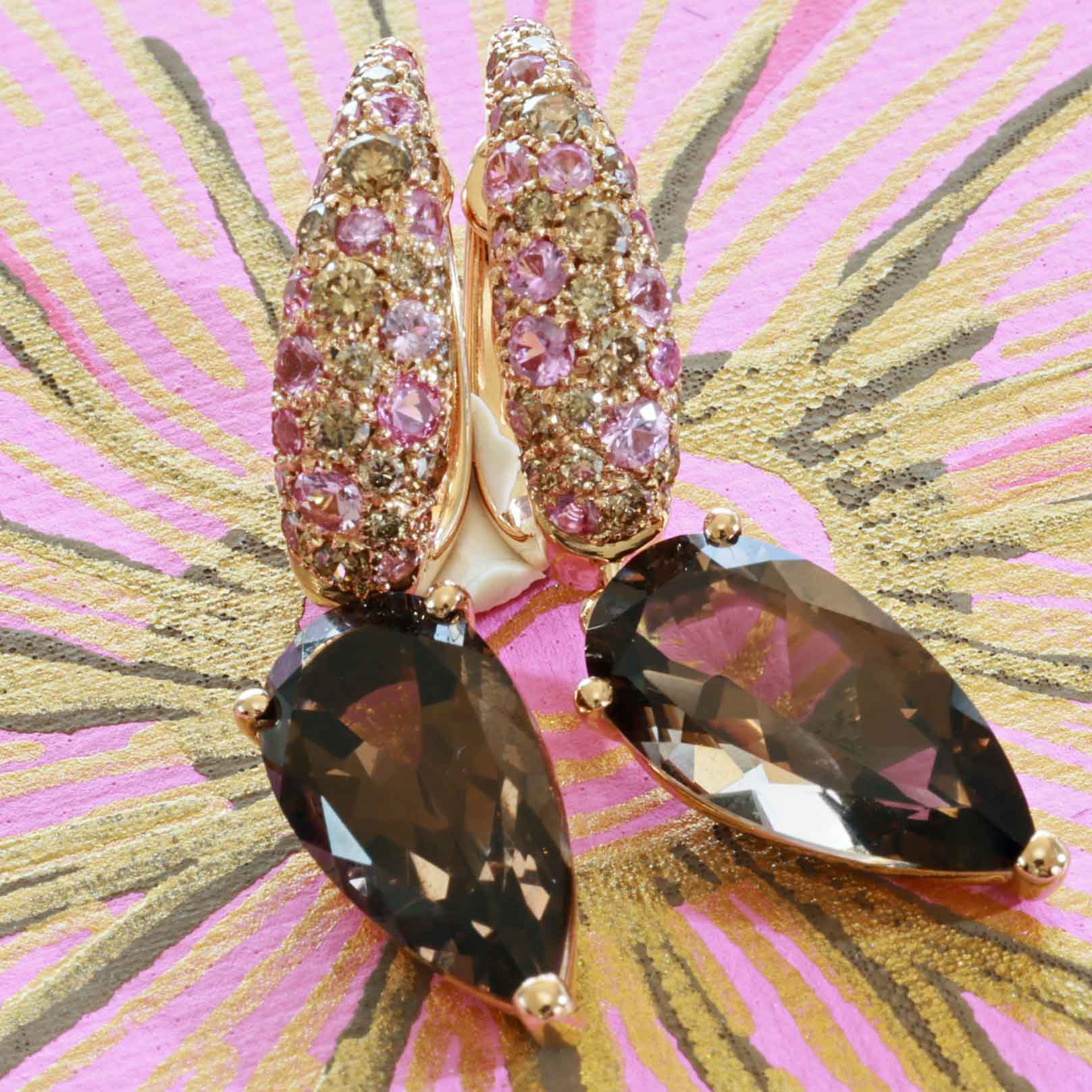 Sapphire Smoky Quartz Brilliant Earrings 750 Rose Gold... noble combination.. Pink and Mocha 6 ct 0.51 ct