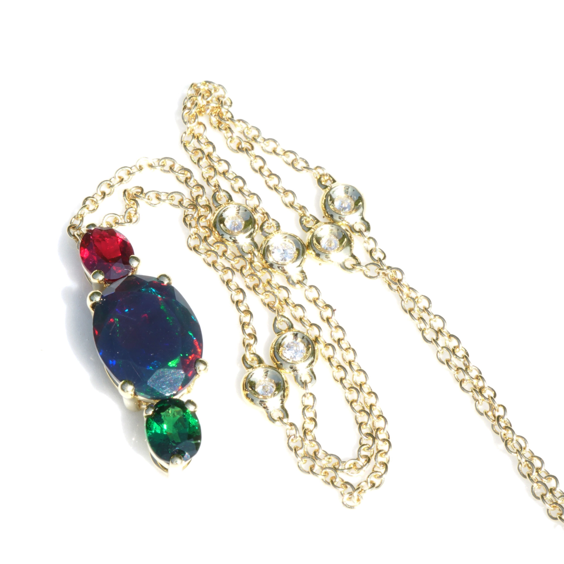 Black Opal Rubin Tsavorit Anhänger m. Brillant Kette 750er Gelbgold ....Hot Stuff.....