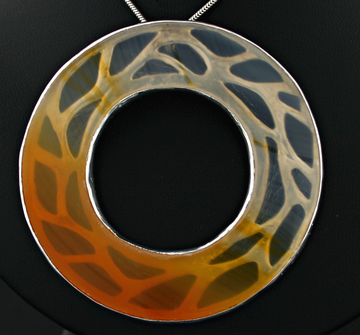 Silversmith's Work Fire Wheel Agate Disc in Color Gradations 925 Silver