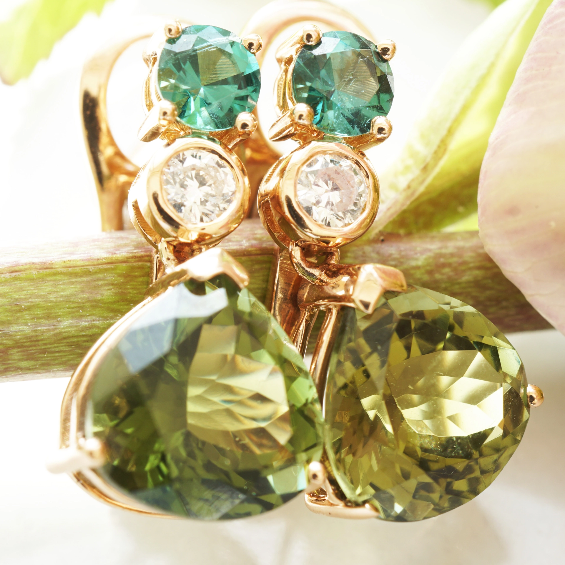 Turmalin Brillant Ohrhänger m. Stecker 750er Rosegold 5.30 ct 0.48 ct 0.20 ct...DRAGONIA