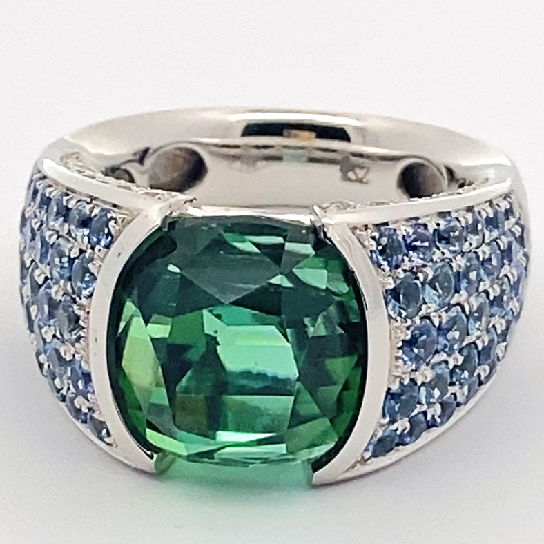 Lagoon Green Turmalin Saphire Brilliant Ring 18kt Whitegold Afghanistan AAA+ 