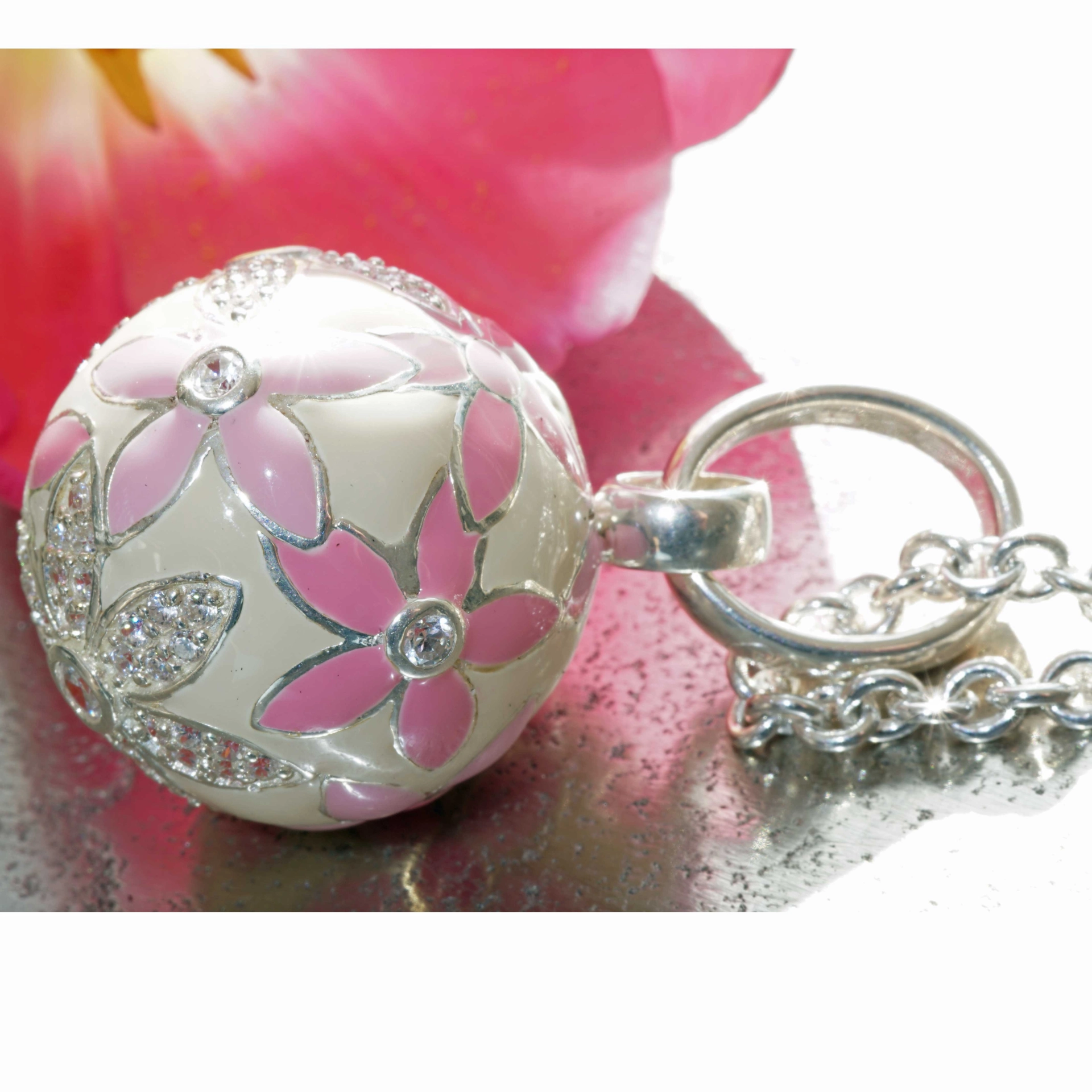 Chilango Pendant Faberge Style  pink Flower with Circonia 925 Silver Enamel