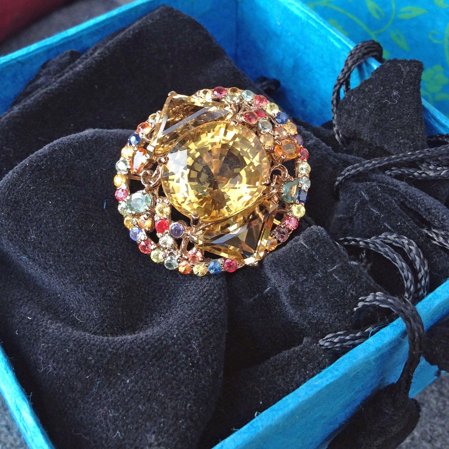 Maharadscha-Ring mit vielen Edelsteinen, Silber/rosevergoldet,