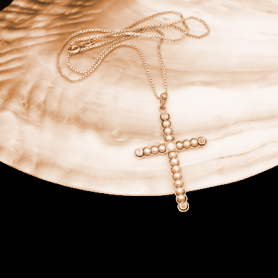 Antique Jewellery Cross Pearl Brilliant Pendant with Chain 585 White Gold Yellow Gold around 1900