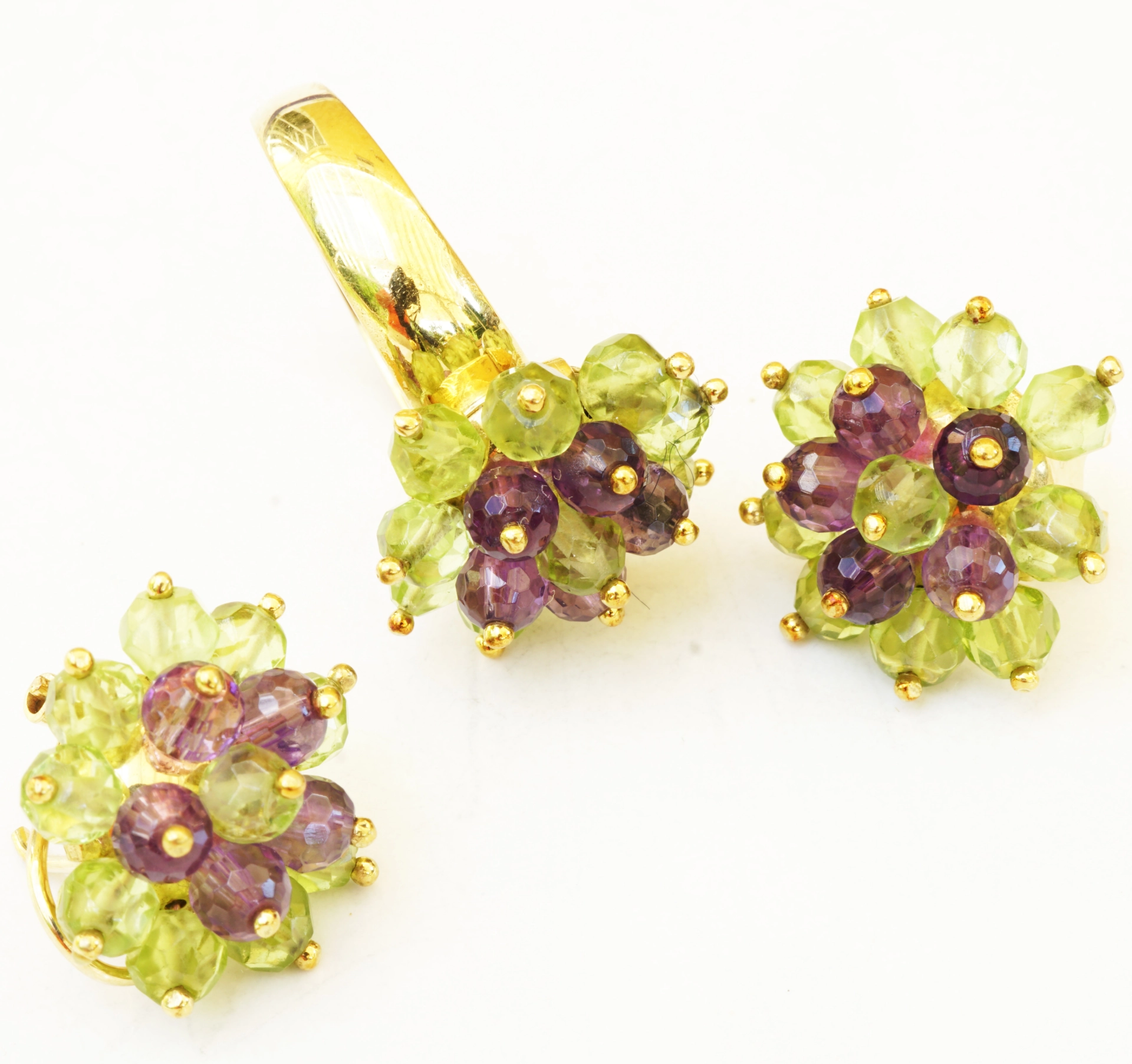 Ohrstecker Ring Set Peridot Amethyst 585er Gelbgold Vintage 60er Jahre Blütendesign ausgefallen