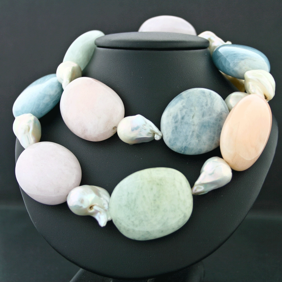 Aquamarin-Morganit-Biwaperl-Collier, 925/-Silber