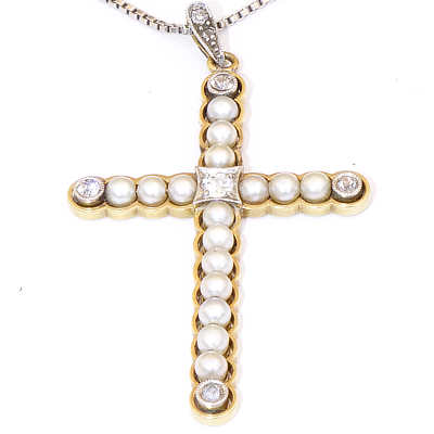 Antique Jewellery Cross Pearl Brilliant Pendant with Chain 585 White Gold Yellow Gold around 1900