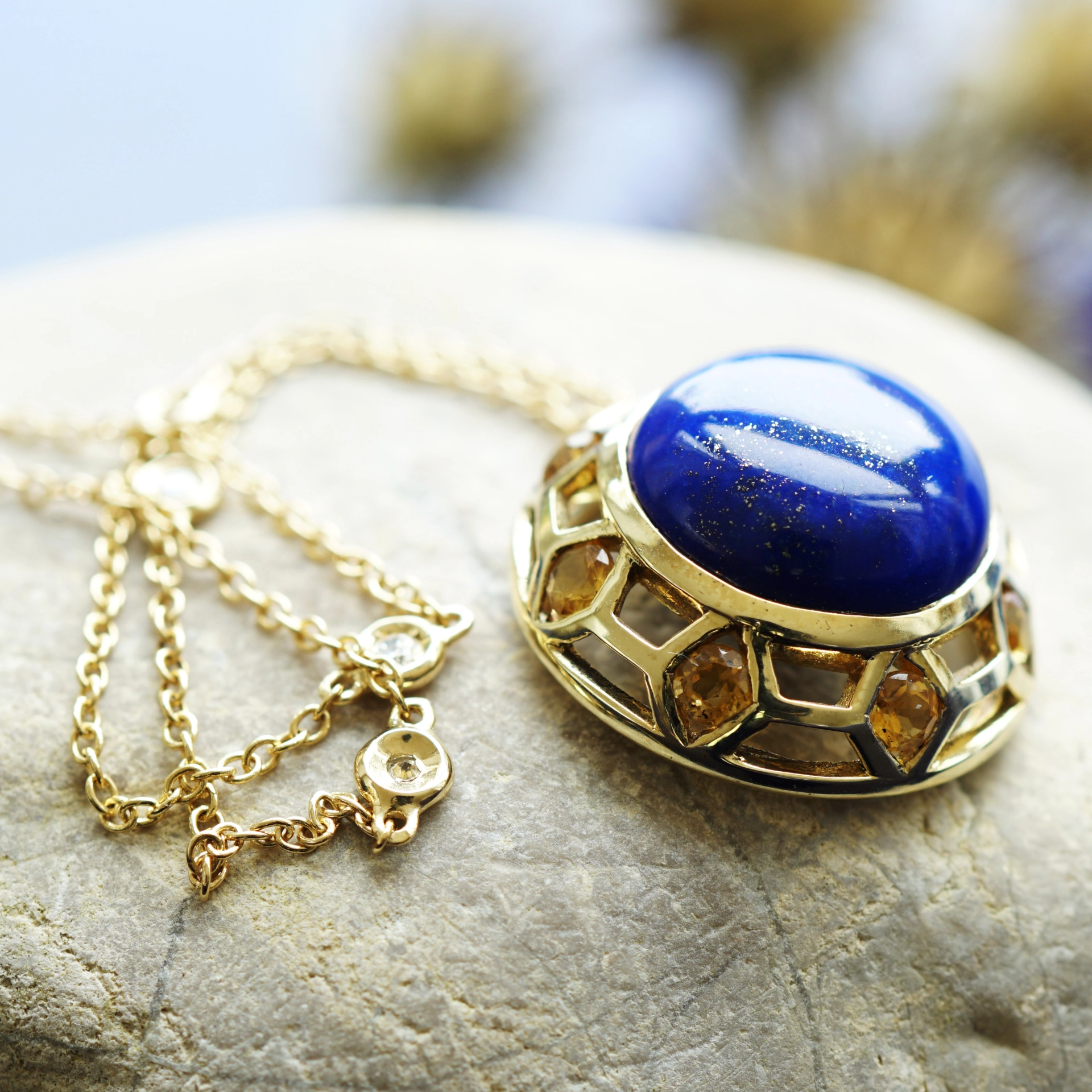 Citrine Lapis Lazuli Necklace with Diamonds....fashionabe Style