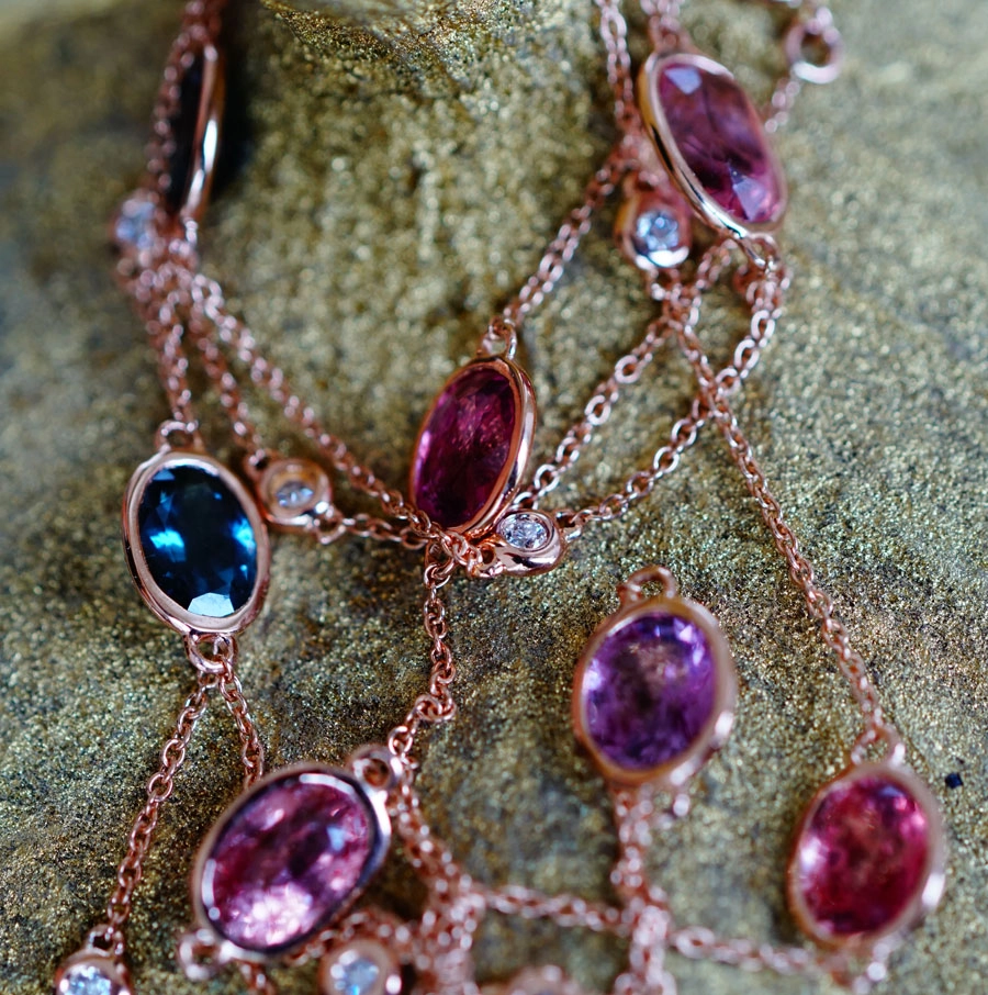 Spinell Brillant Collier 750er Rosegold 60 cm lang