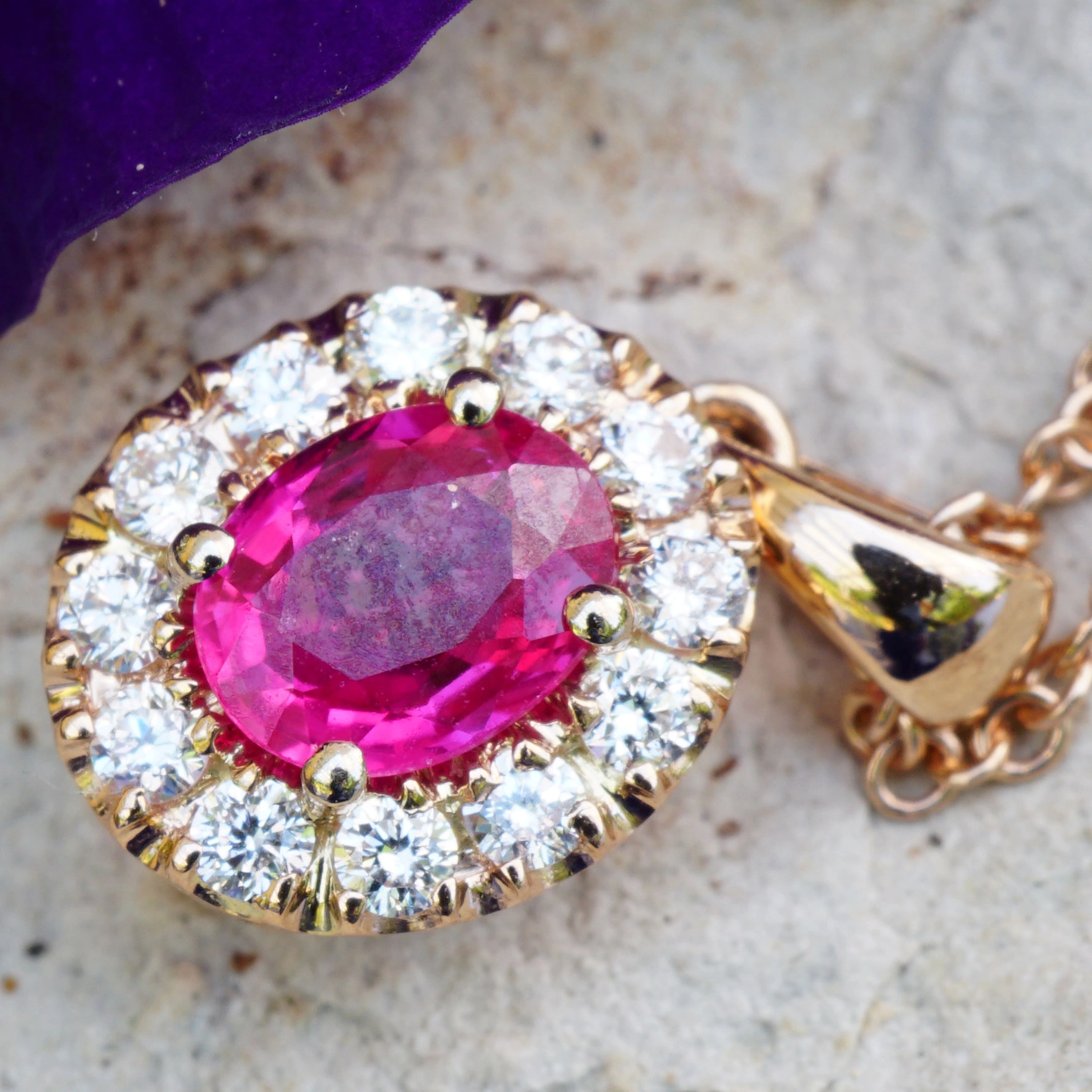 Ruby Diamond Pendant with Chain 18 kt Rose Gold.....the sweetest forever