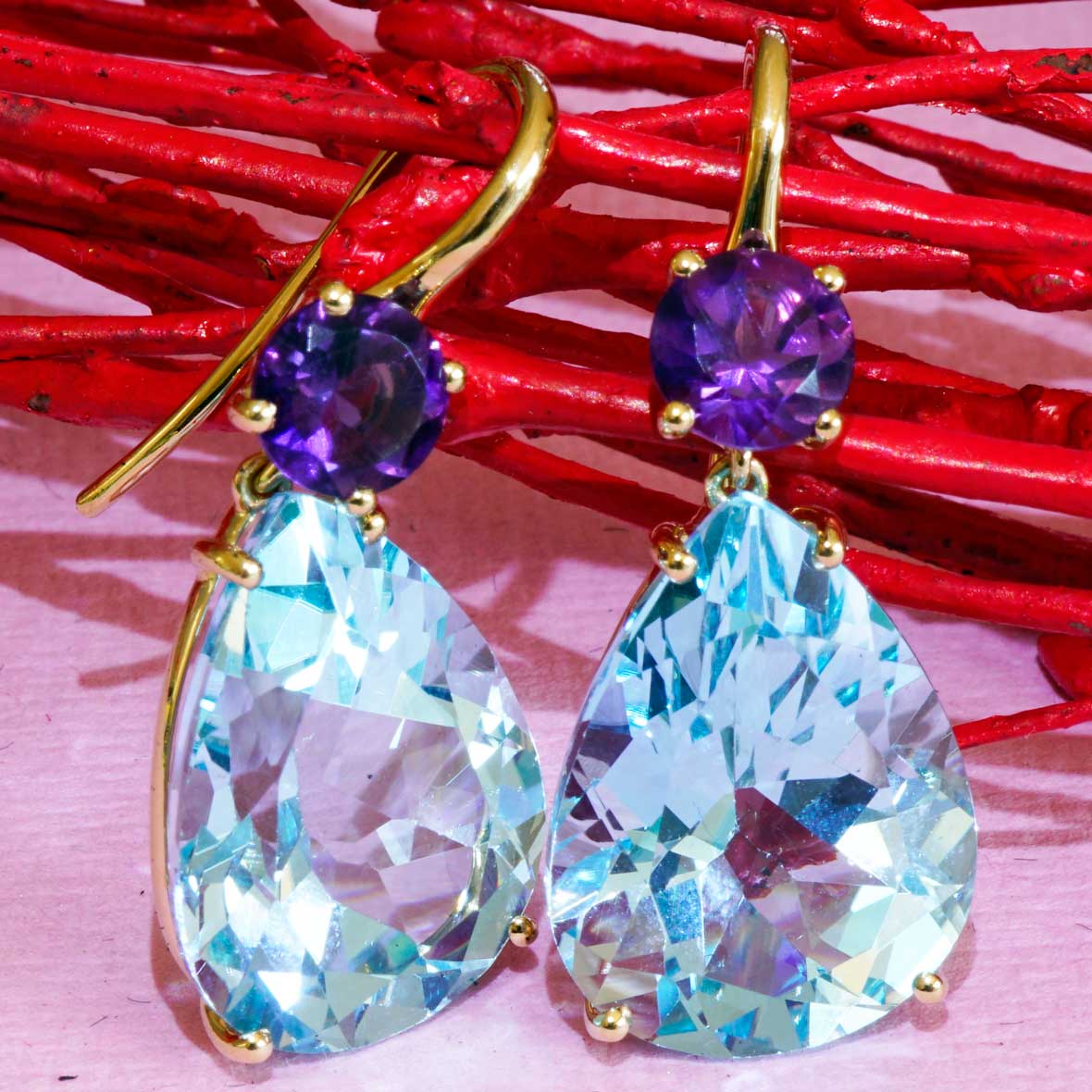 Bluetopaz Amethyst Earrings of high quality made in a traditional Italian goldsmith in Valenza, modern Design