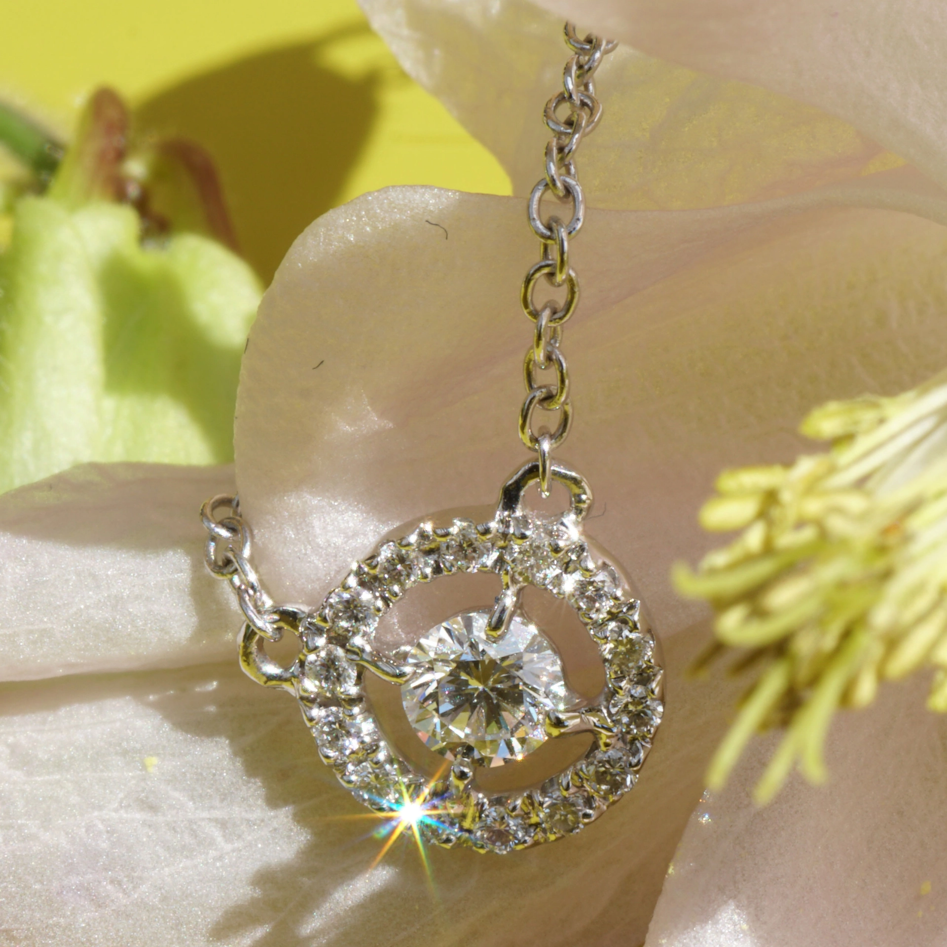 Brilliant Pendant with Chain 750 White Gold 0.10 ct in HALO look from traditional Goldsmiths