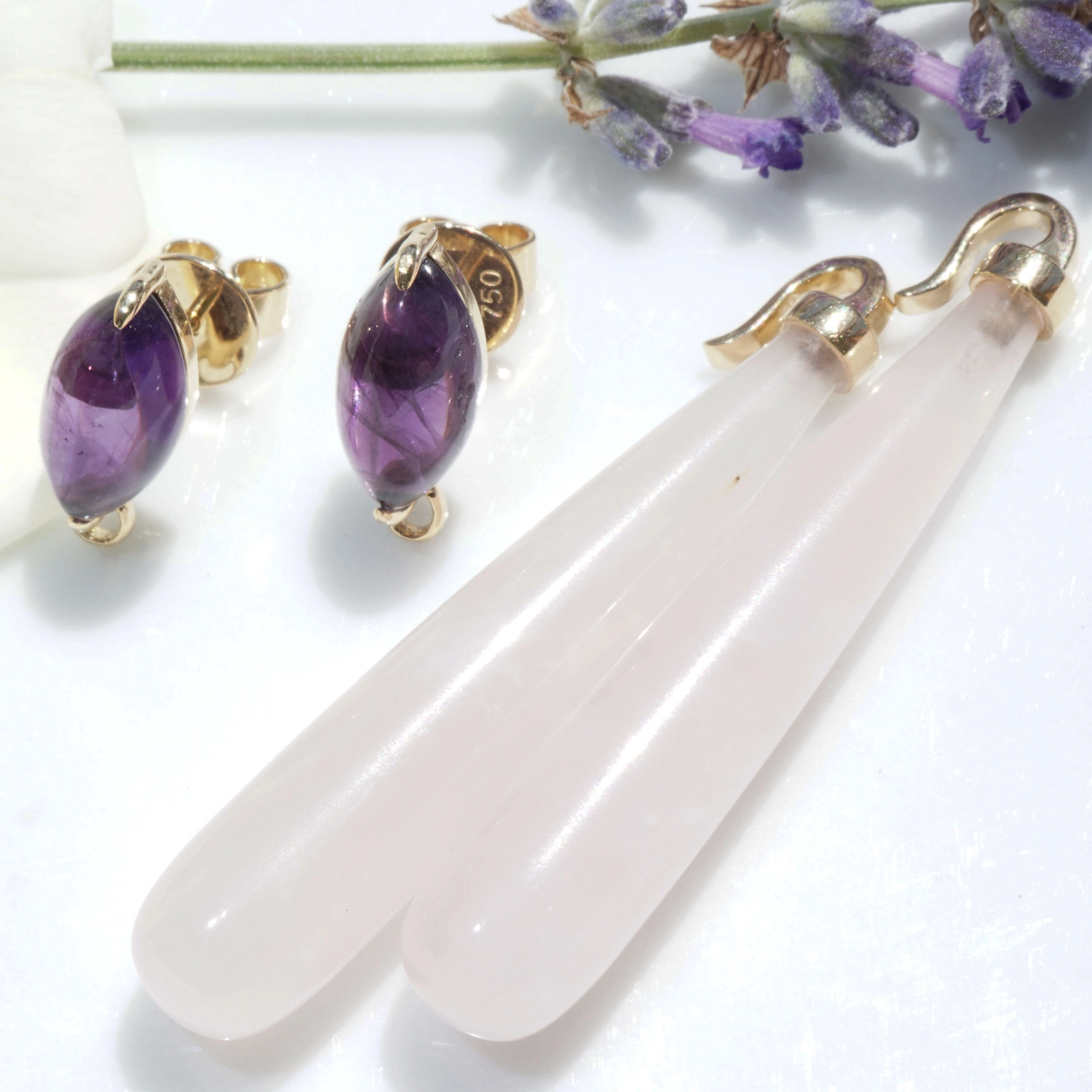 Rosequartz Amethyste Earrings 18 kt Yellowgold..pink Inspiration