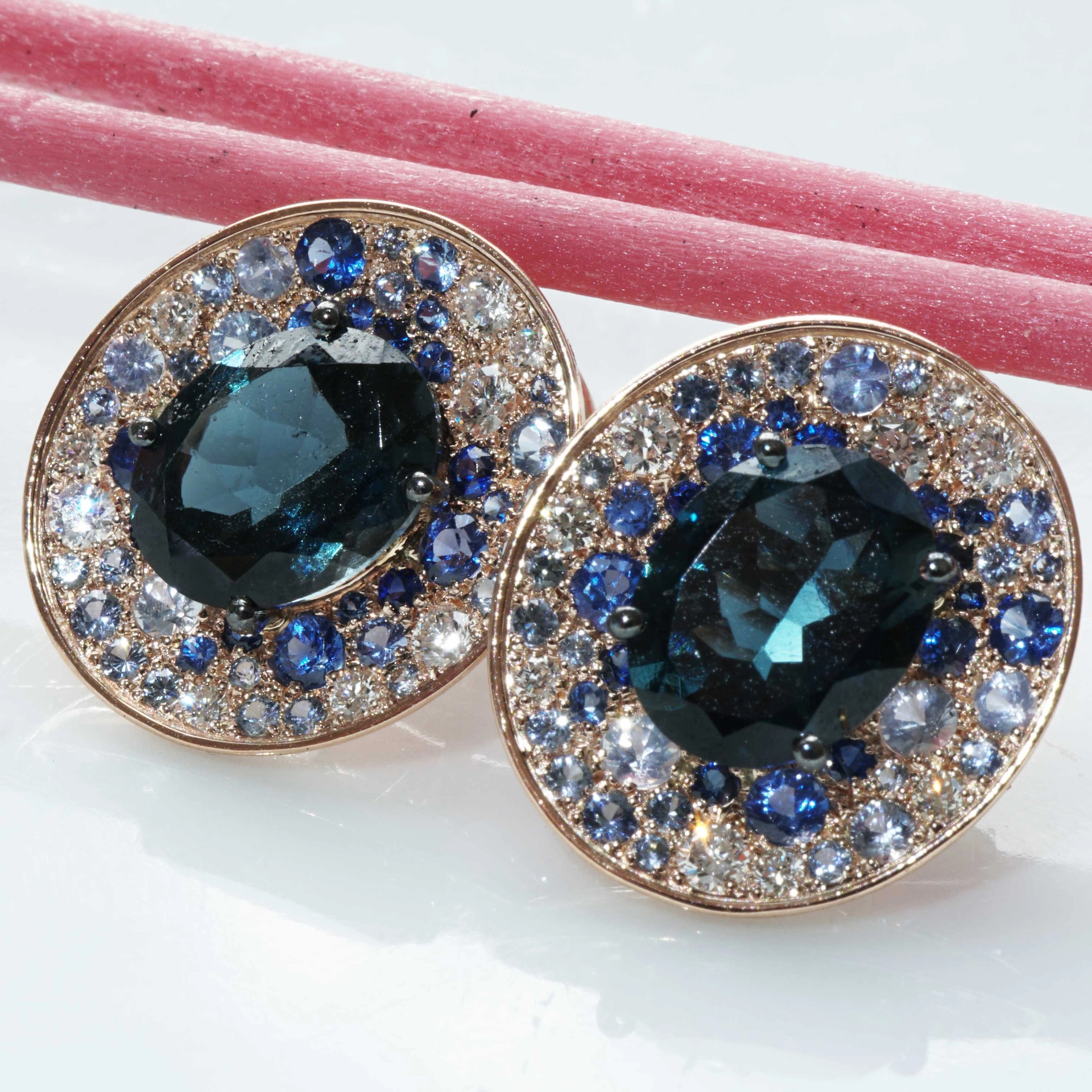 Power of Magic..Rosegold Earstuds in Mystic Blue Colors with Saphire and Diamonds