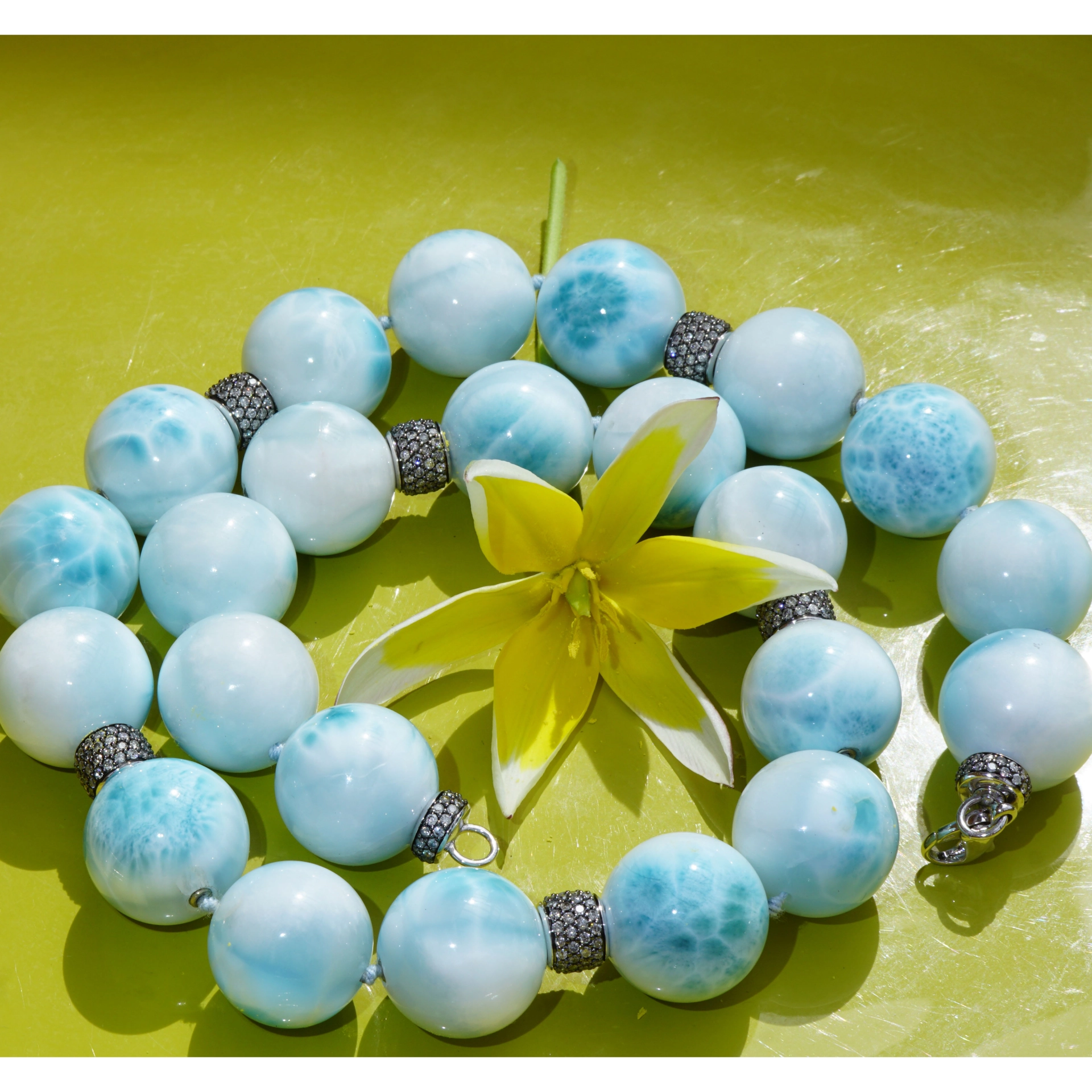 Larimar Ball Necklace 18 kt Whitegold with grey Diamonds..cloudy Beauty..Highest Quality