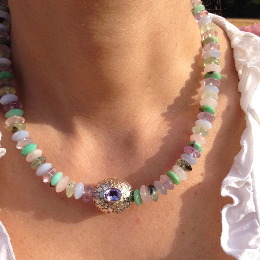 Chrysopras Amethyst Prehnit Rosenquarz Amethyst Calzedon Kette 925er Silber