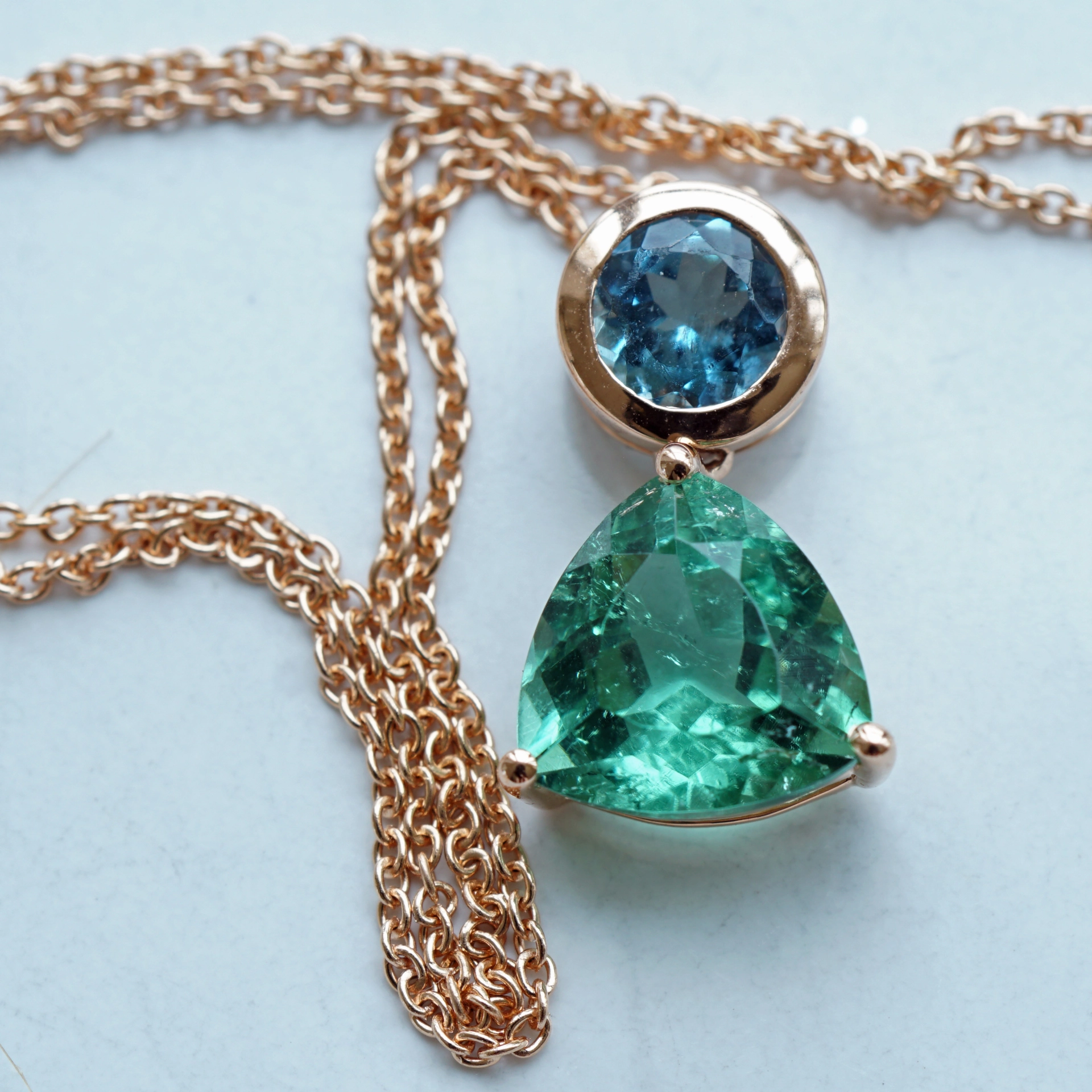 Turmalin Aquamarin Anhänger m. Kette 750er Rosegold 2.19 ct 0.36 ct AAA paraibafarben