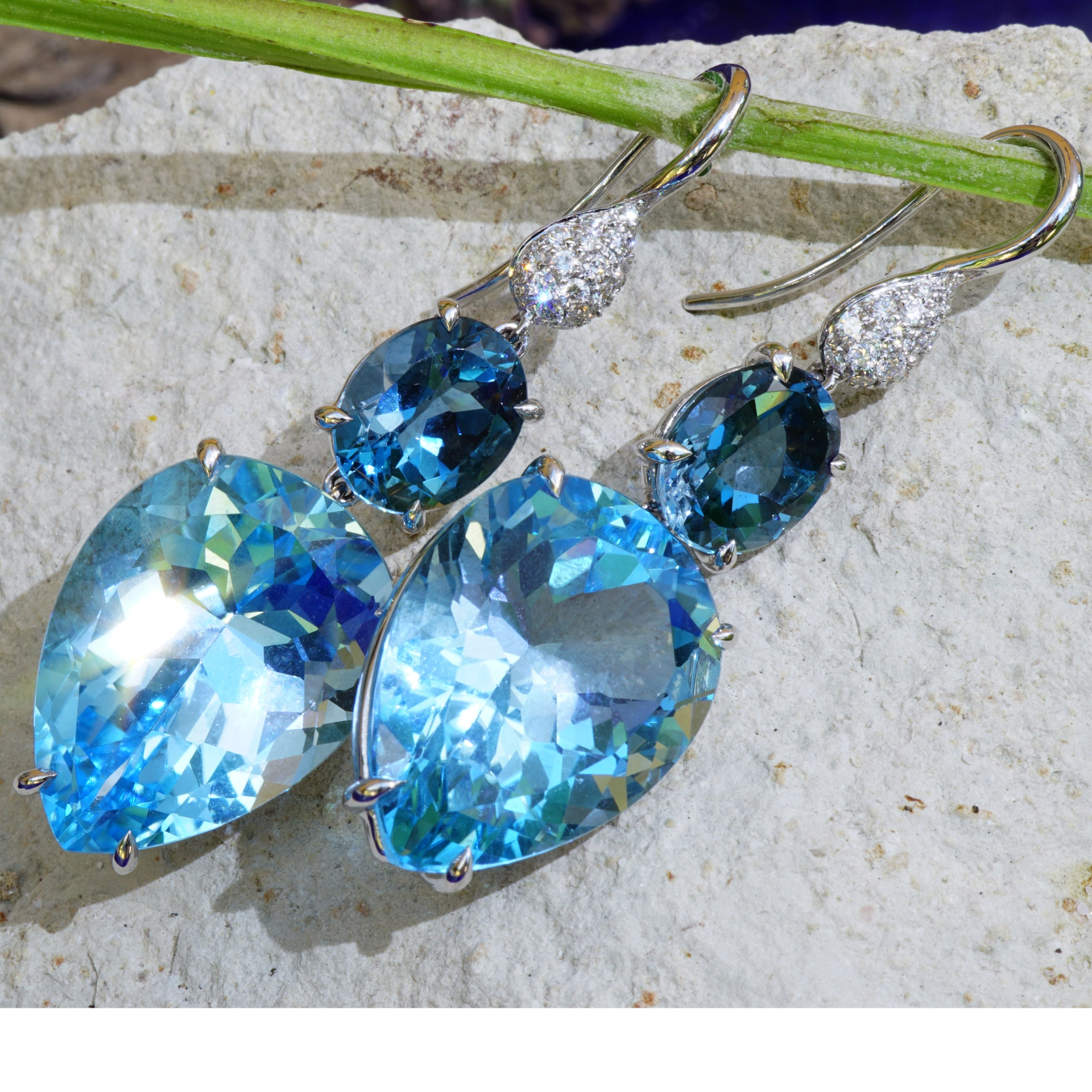 Bluetopaz Diamond Earrings...Italy Sea Blue...18 kt Whitegold amazing