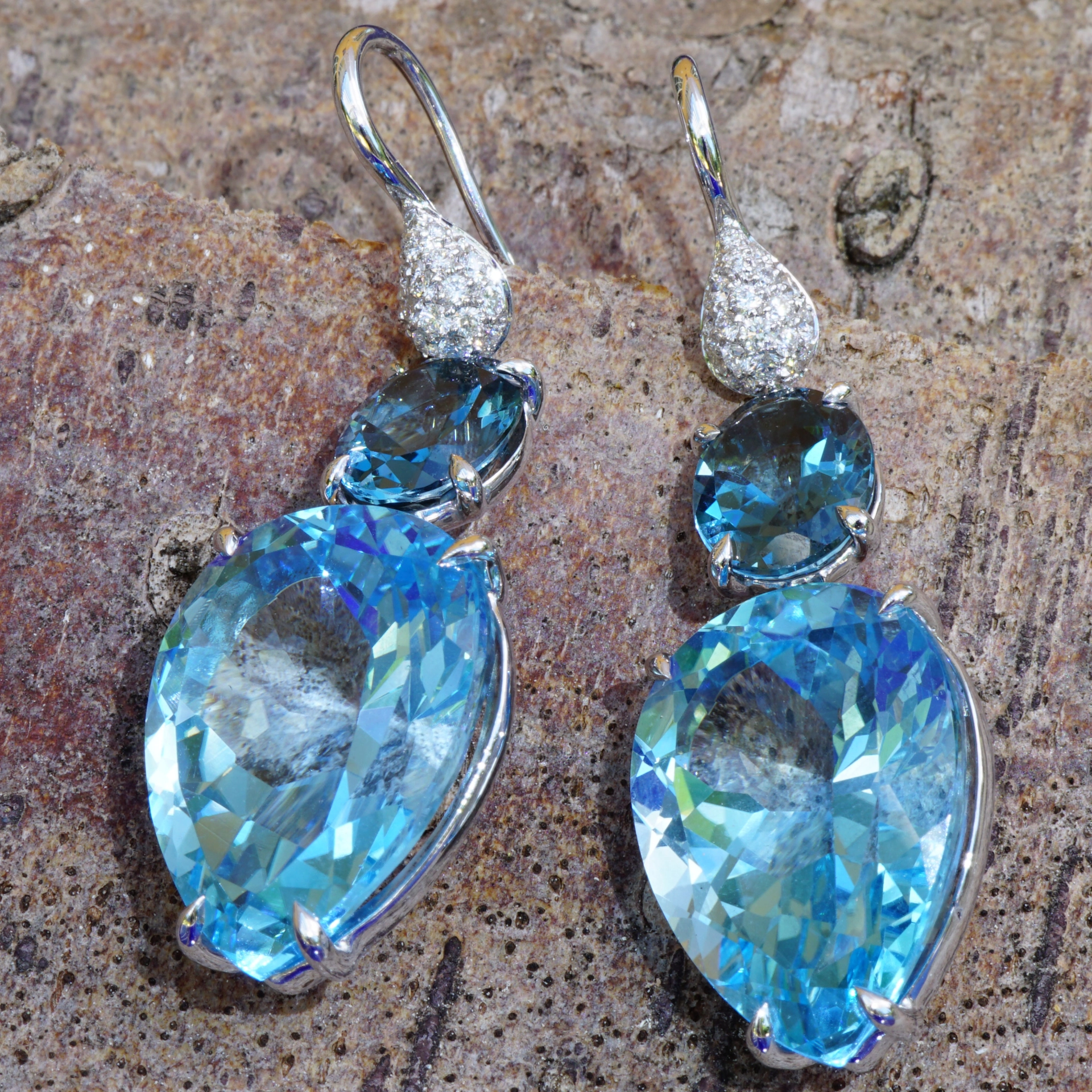 Bluetopaz Diamond Earrings...Italy Sea Blue...18 kt Whitegold amazing